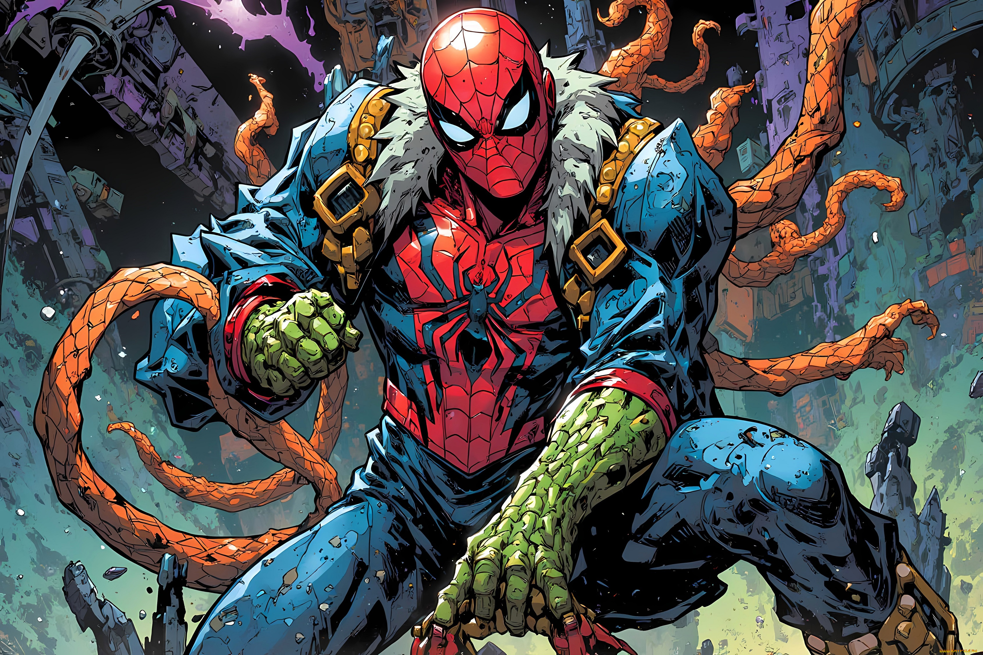 рисованное, комиксы, человек-паук, щупальца, бой, город