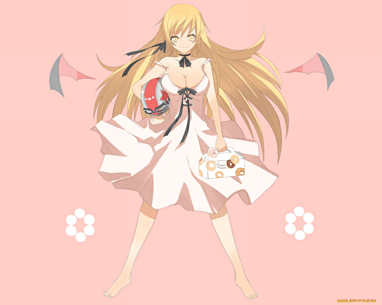 аниме, bakemonogatari, oshino, shinobu, kissshot, acerolaorion, heartunderblade, девушка, шлем, крылья, платье, бант, ленты, еда, пончики