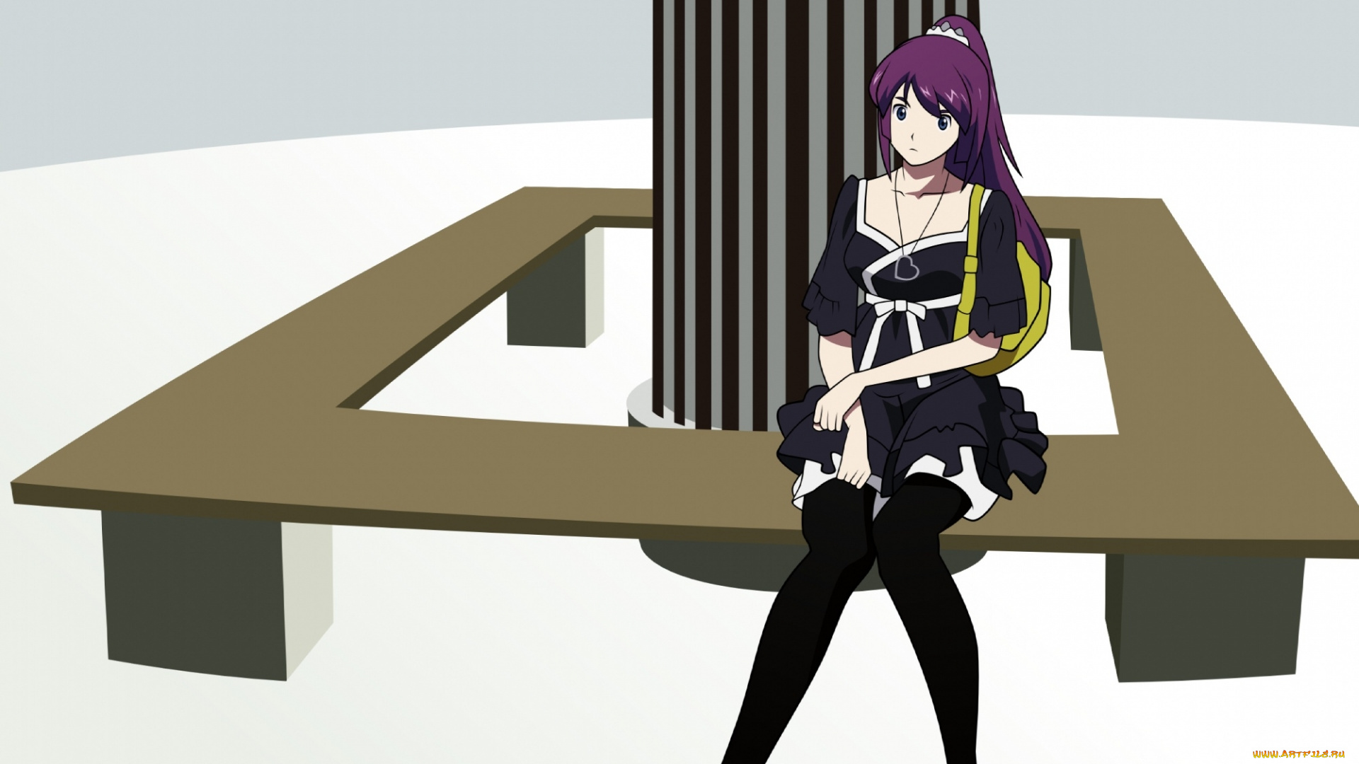 аниме, bakemonogatari, senjougahara, hitagi, девушка, платье, кулон, сумка, скамья, колонна