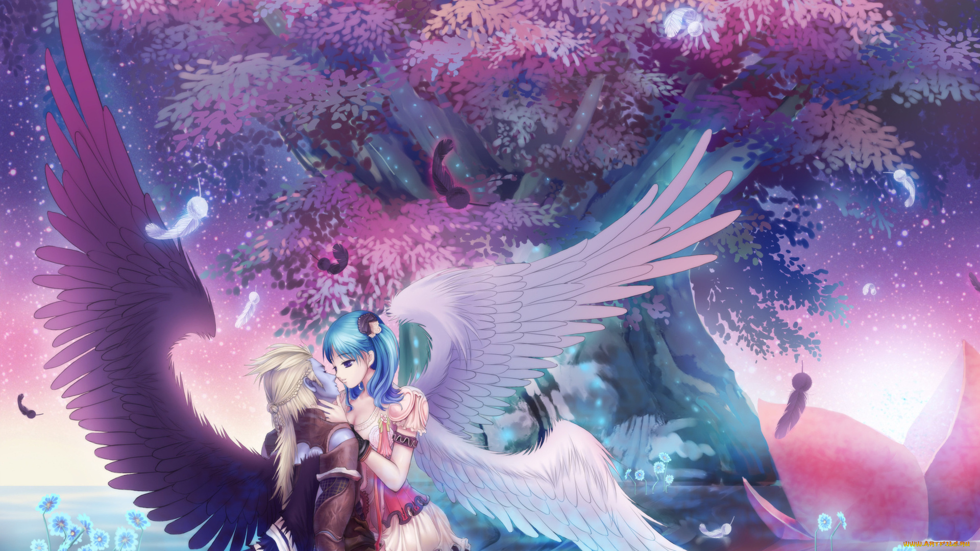 аниме, angels, demons, крылья, арт, парень, девушка, дерево, вода, отражение