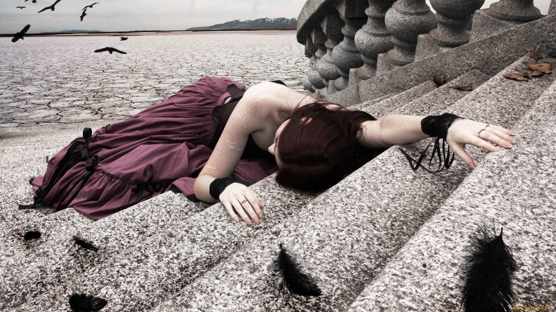 фэнтези, девушки, шрамы, перья, вороны, лестница