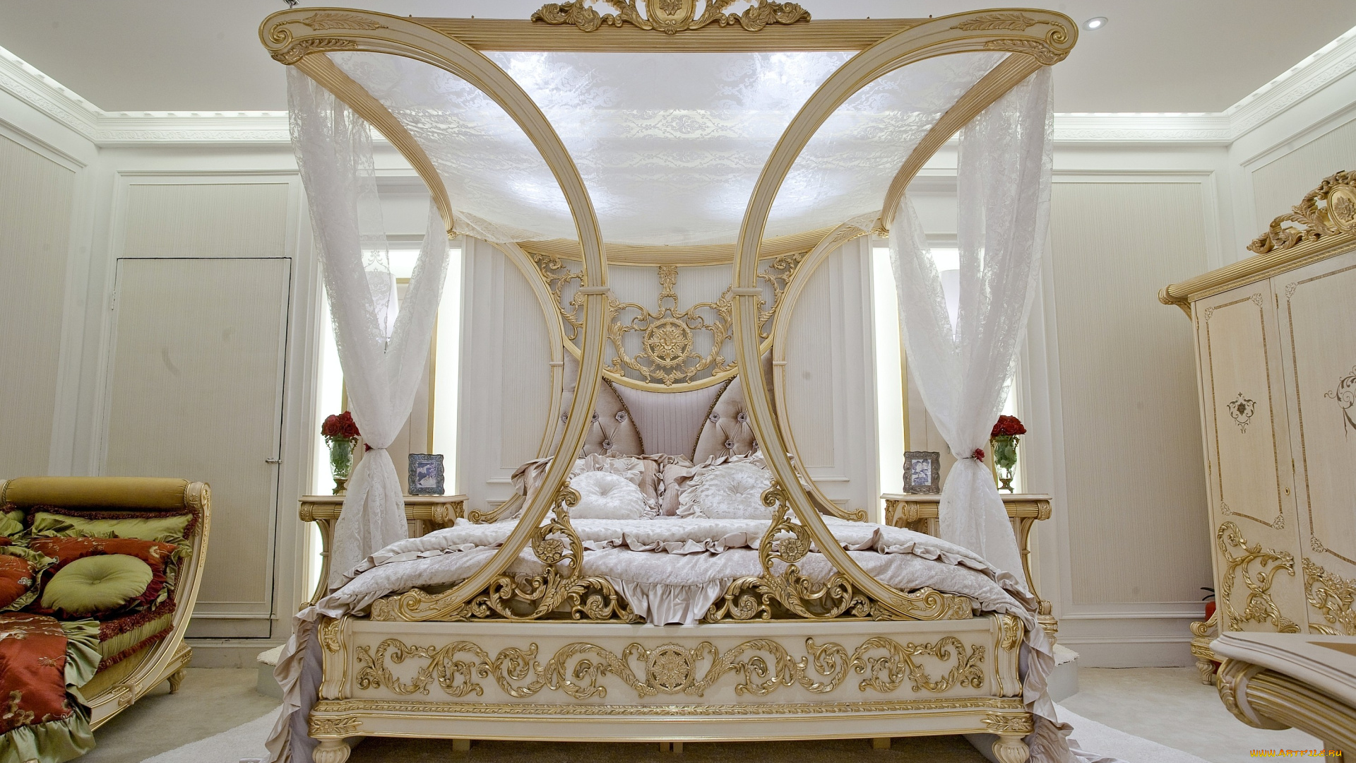 интерьер, спальня, роскошь, балдахин, кровать, подушки