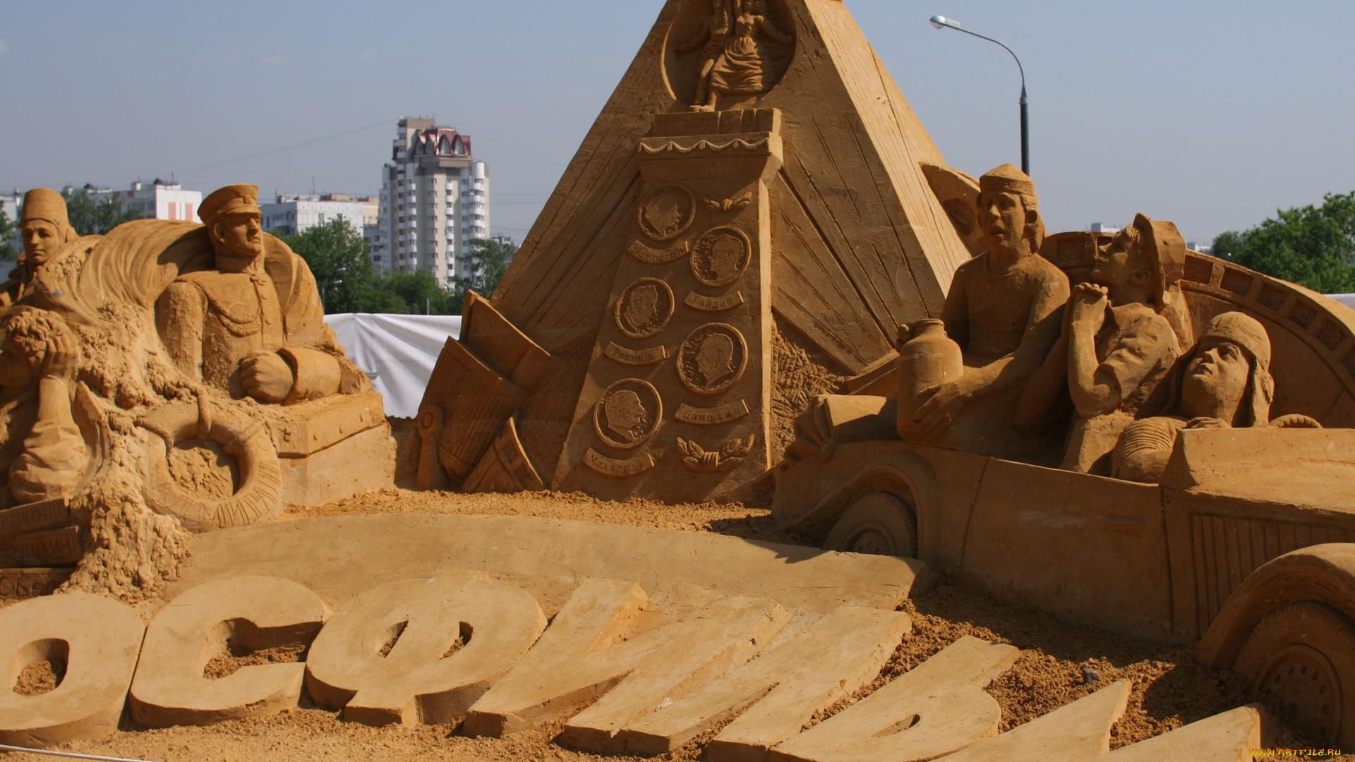 разное, фигуры, из, песка, льда, снега, песок