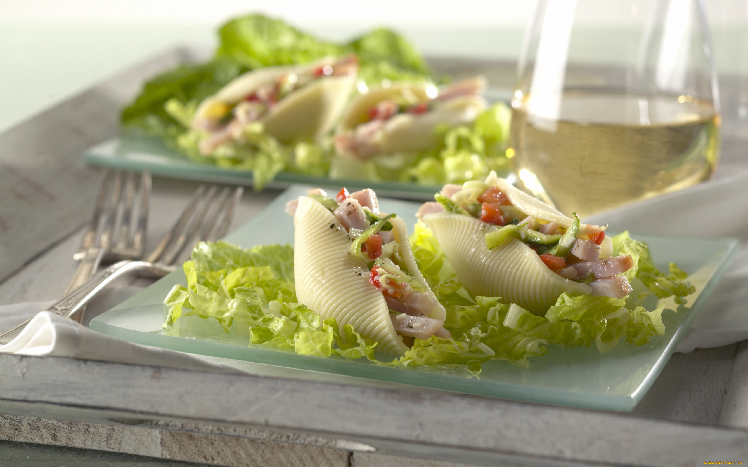 еда, салаты, закуски, листья, салата, ракушки, фарш