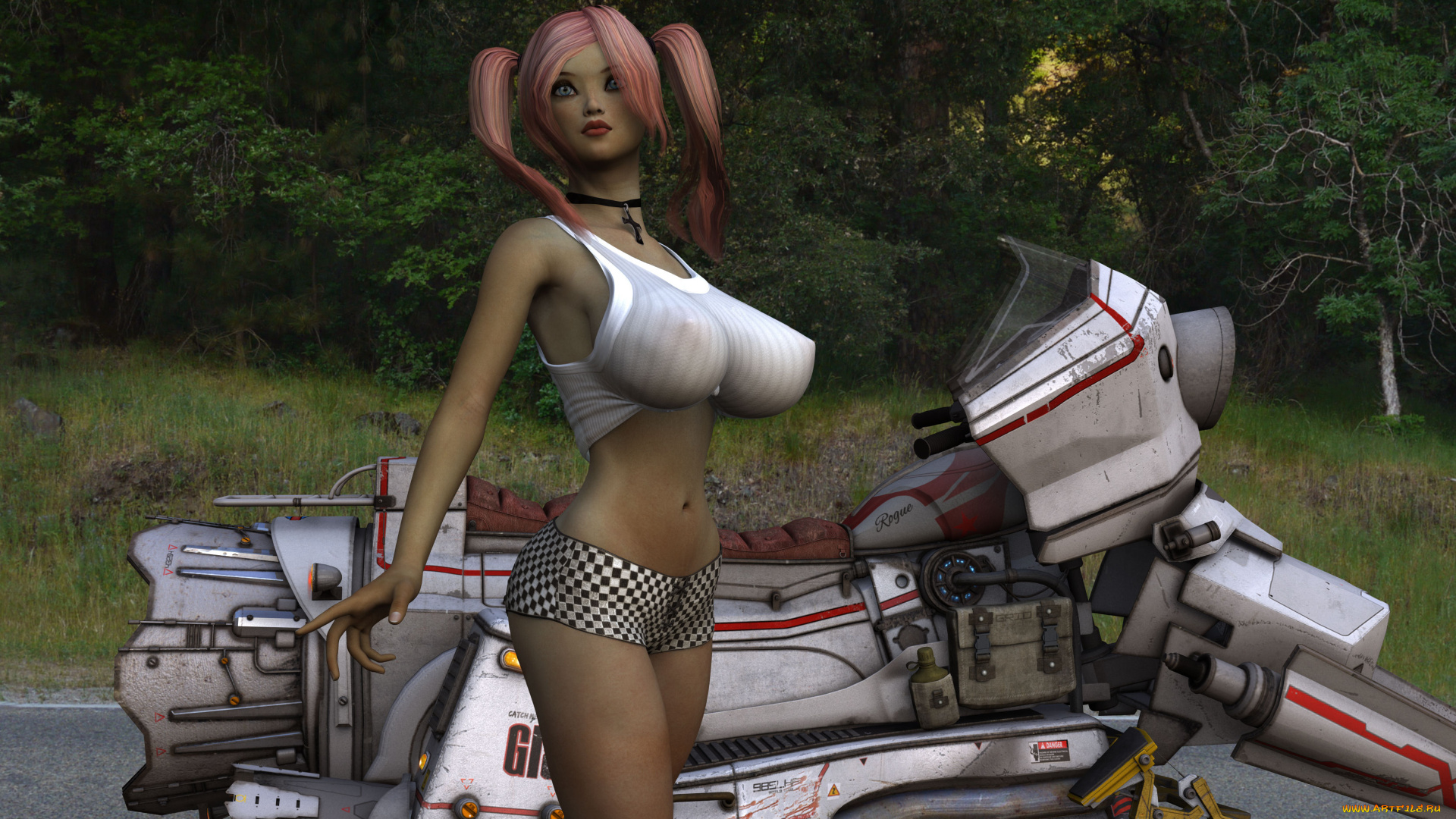 3д, графика, люди, , people, девушка, взгляд, мотоцикл