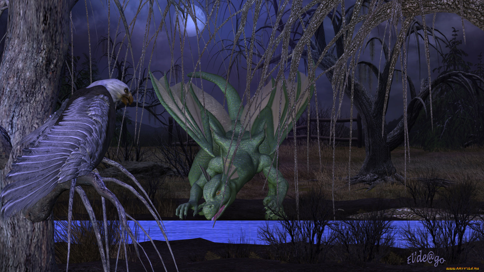 3д, графика, животные, , animals, дракон, река, лес