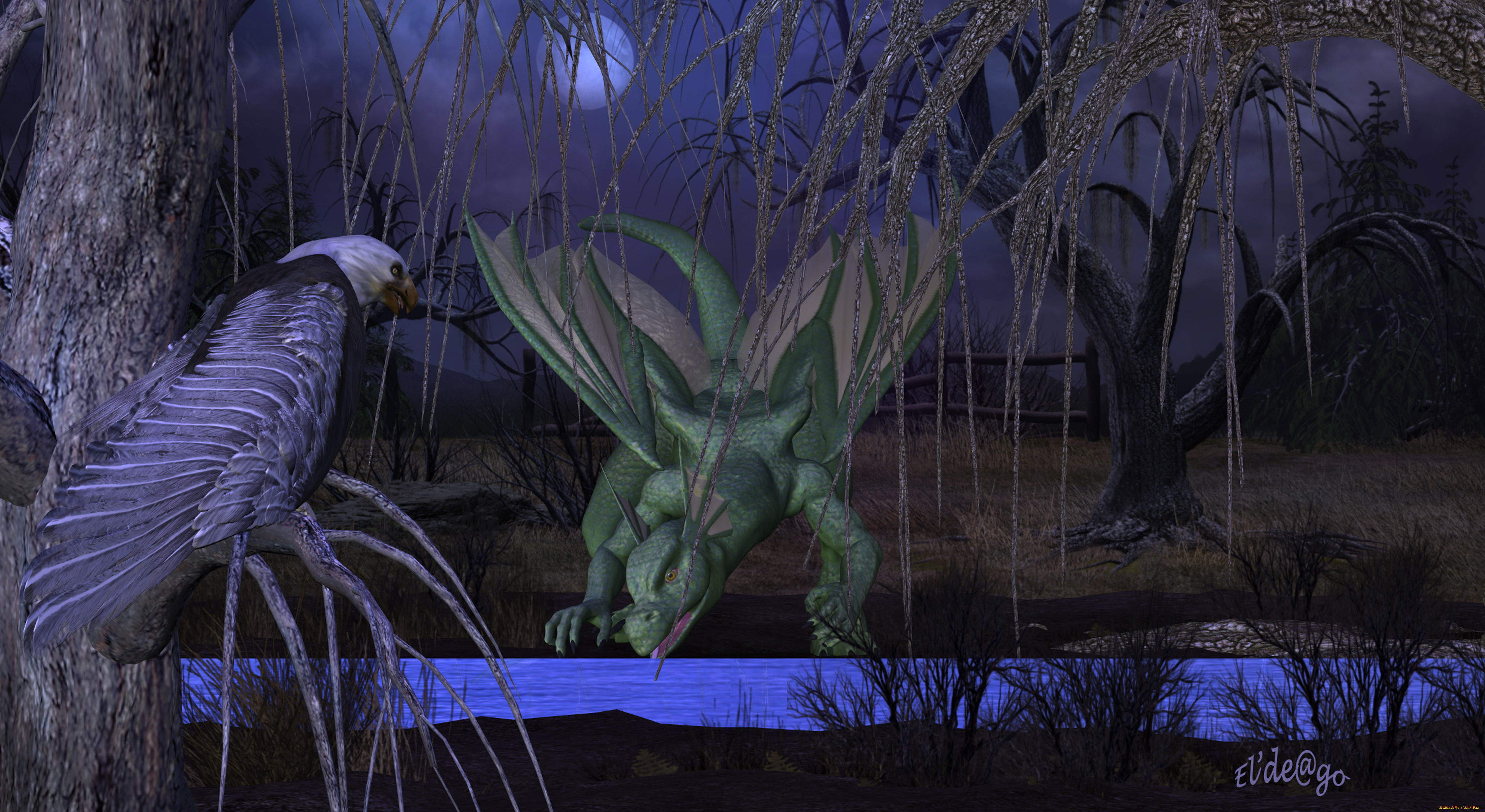 3д, графика, животные, , animals, дракон, река, лес