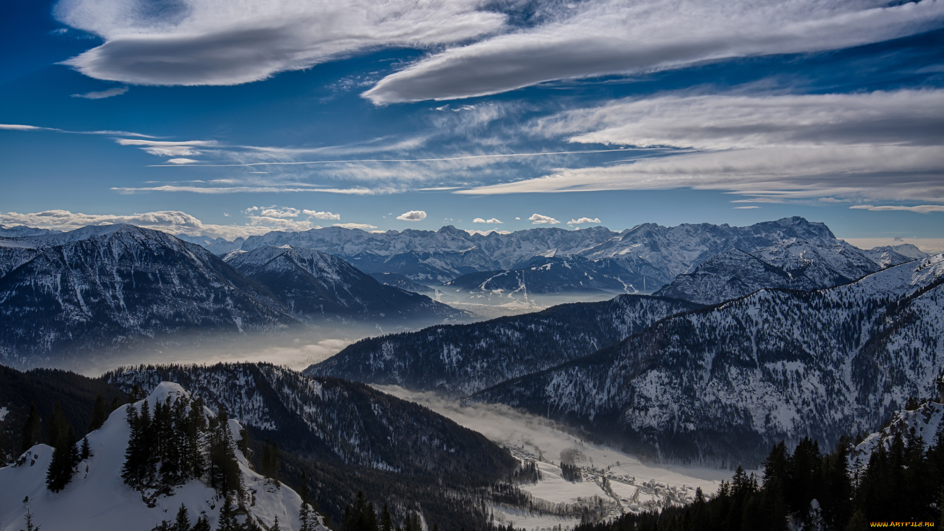 природа, горы, снег, деревья, зима, долина, облака, небо