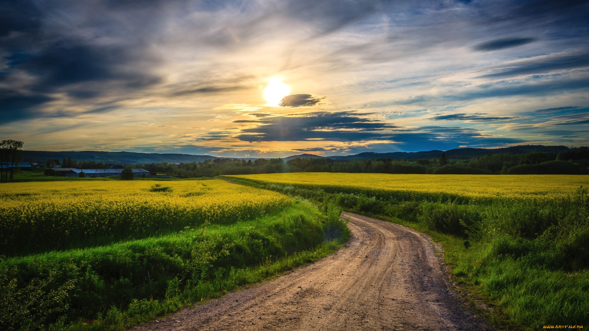 природа, восходы, закаты, поле, солнце, небо, дорога