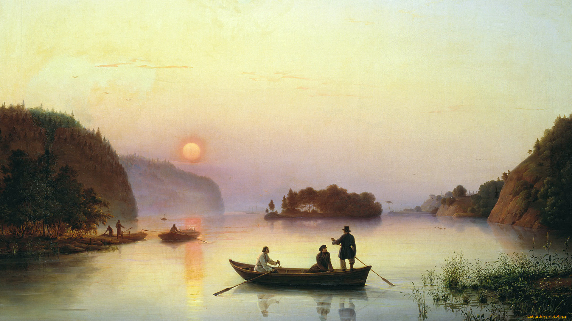 рисованное, антон, иванов, лодки, озеро, закат