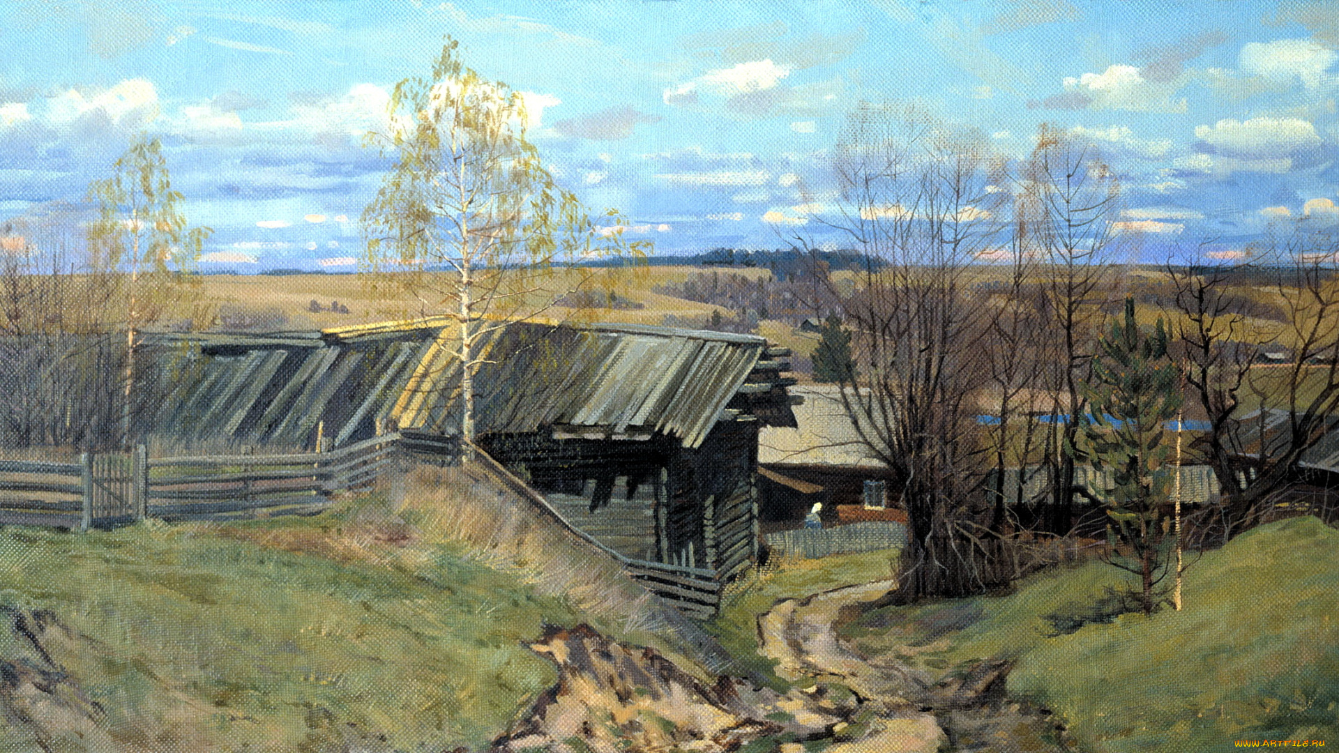 рисованное, живопись, пейзаж, картина, уходящая, русь, облака, небо, дорога, холмы, деревья, изба