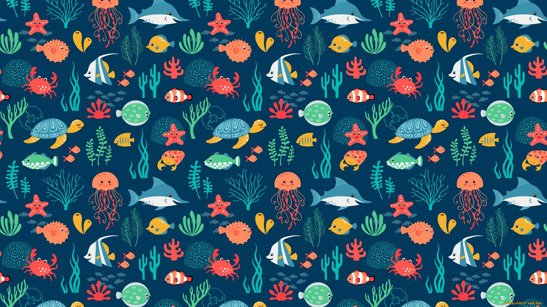 векторная, графика, животные, , animals, море, медуза, акула, черепаха, рыбы