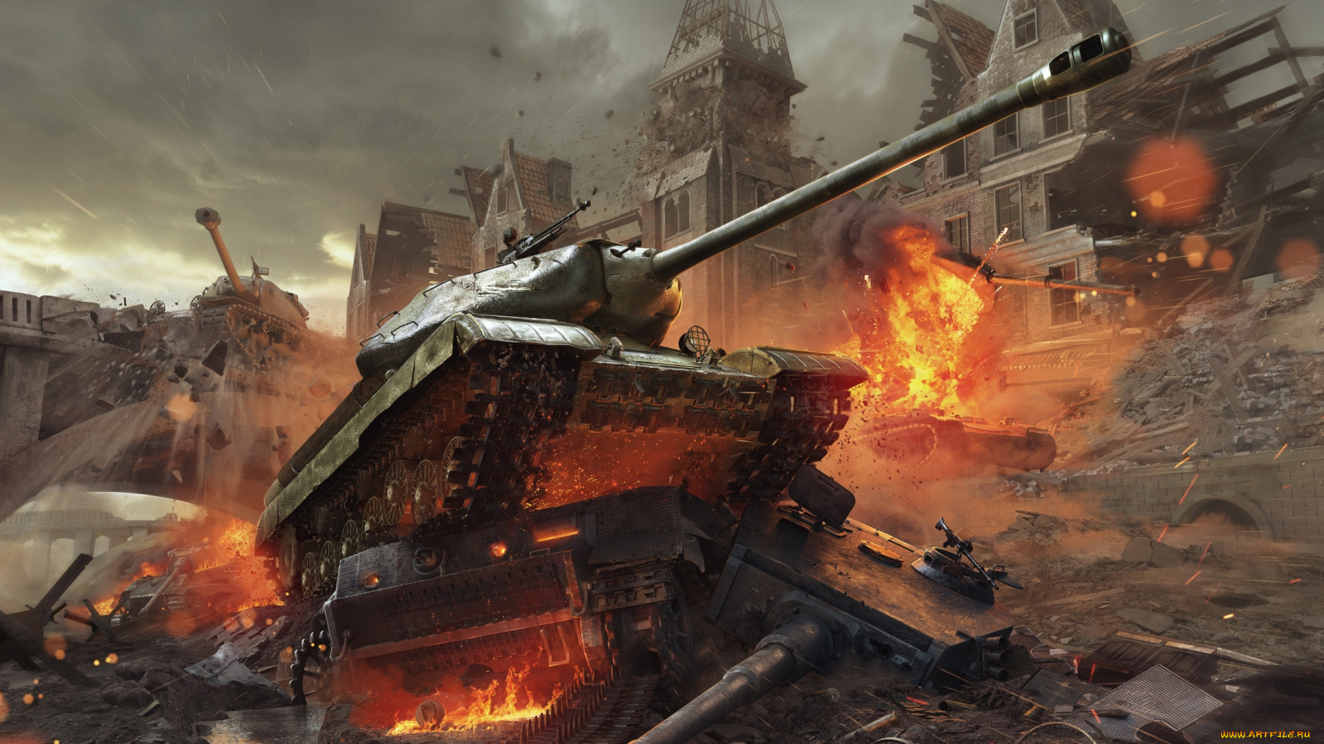 видео, игры, мир, танков, , world, of, tanks, руины, город, танк, огонь