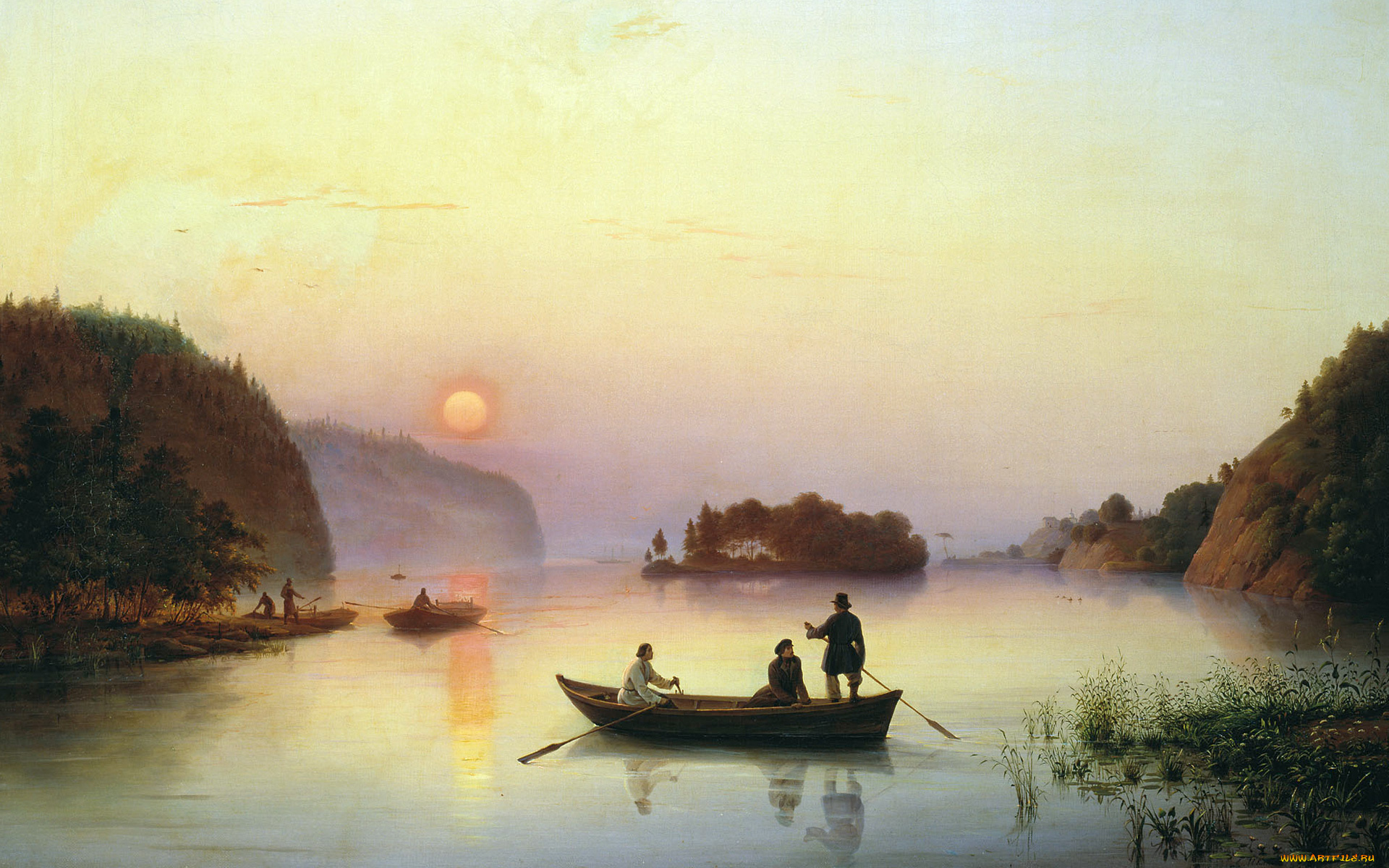 рисованное, антон, иванов, лодки, озеро, закат