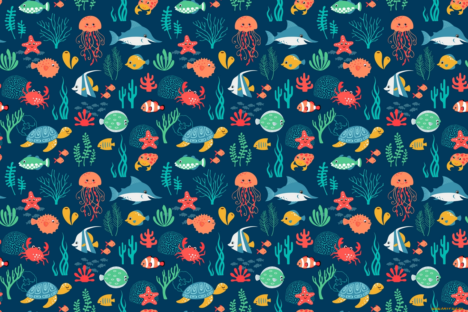 векторная, графика, животные, , animals, море, медуза, акула, черепаха, рыбы