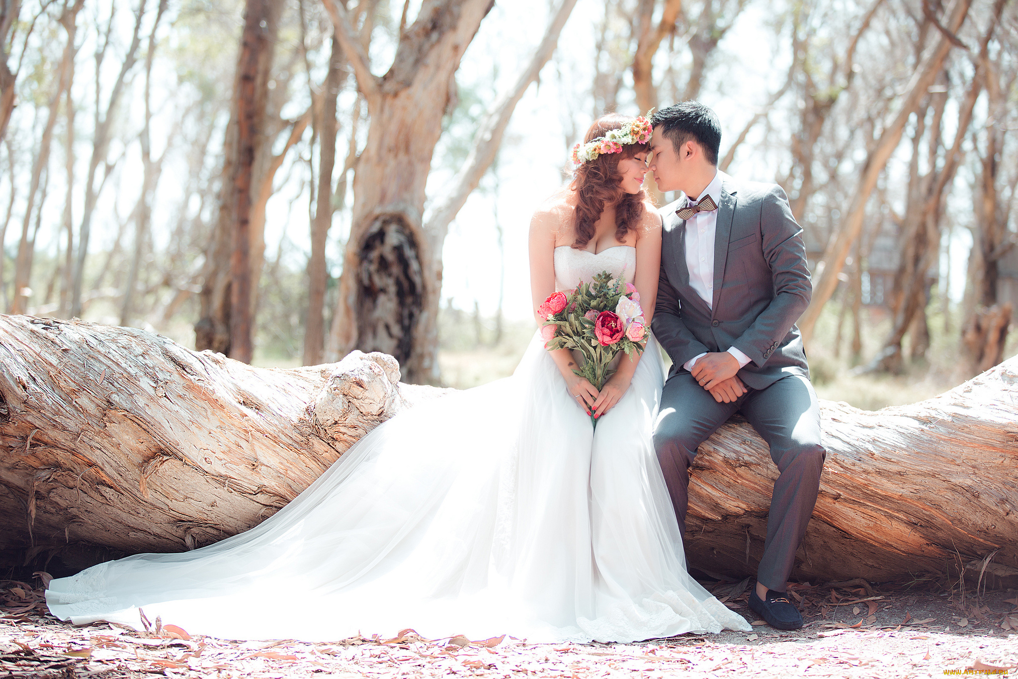 разное, мужчина, женщина, венок, листья, деревья, лес, свадьба, букет, невеста, жених, пара