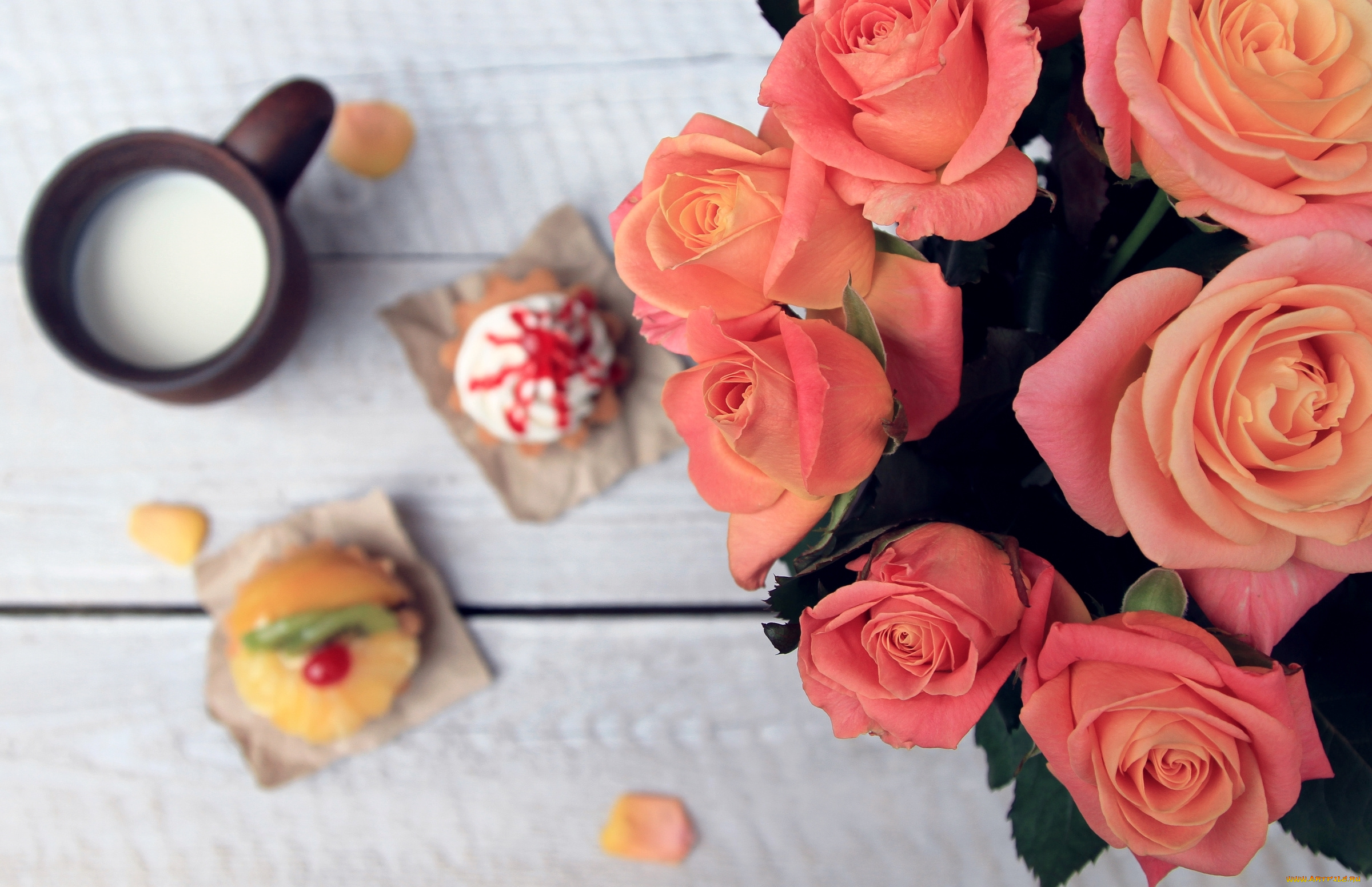 цветы, розы, кружка, молоко, букет