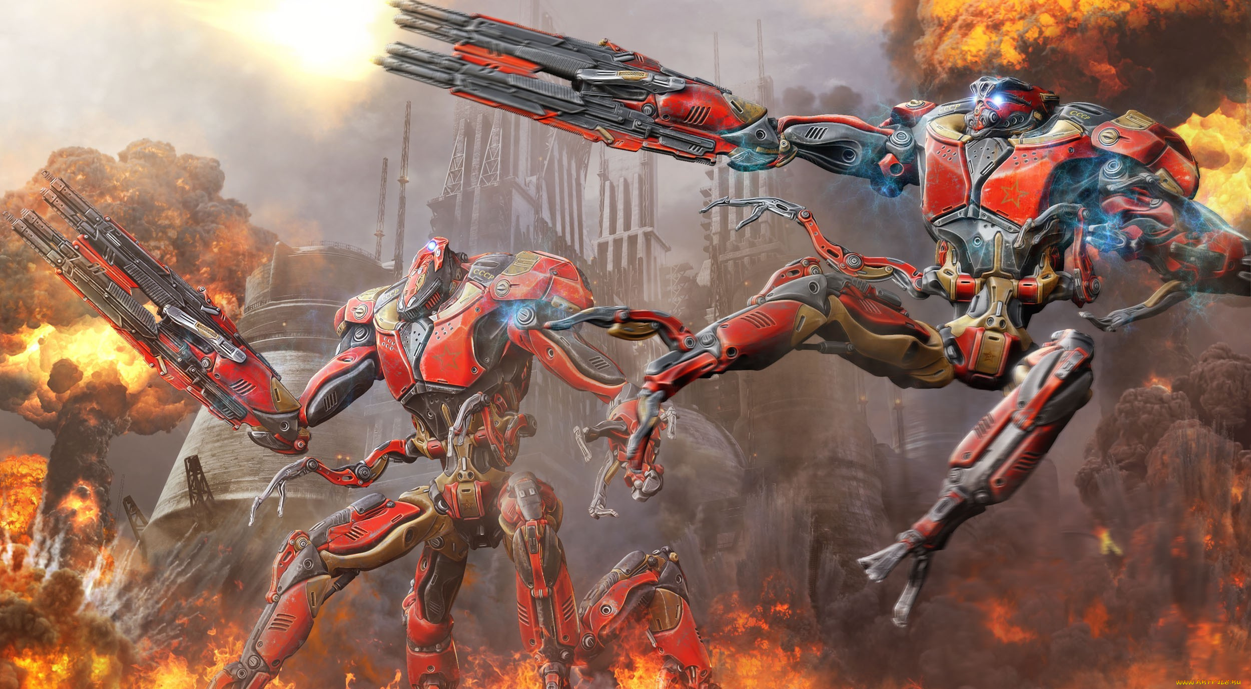 фэнтези, роботы, , киборги, , механизмы, битва, арт, город, оружие, металл, огонь, дым