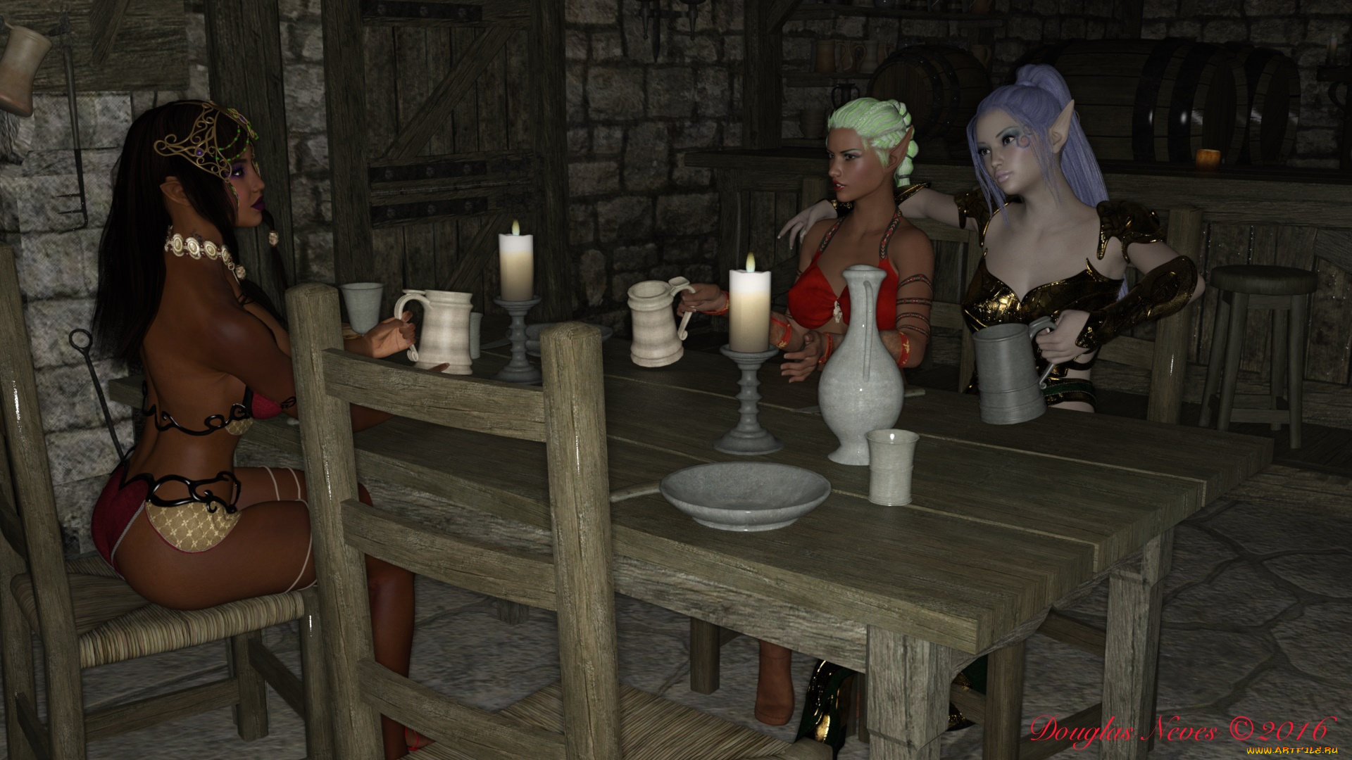 3д, графика, эльфы, , elves, интерьер, эльфийки, взгляд, фон