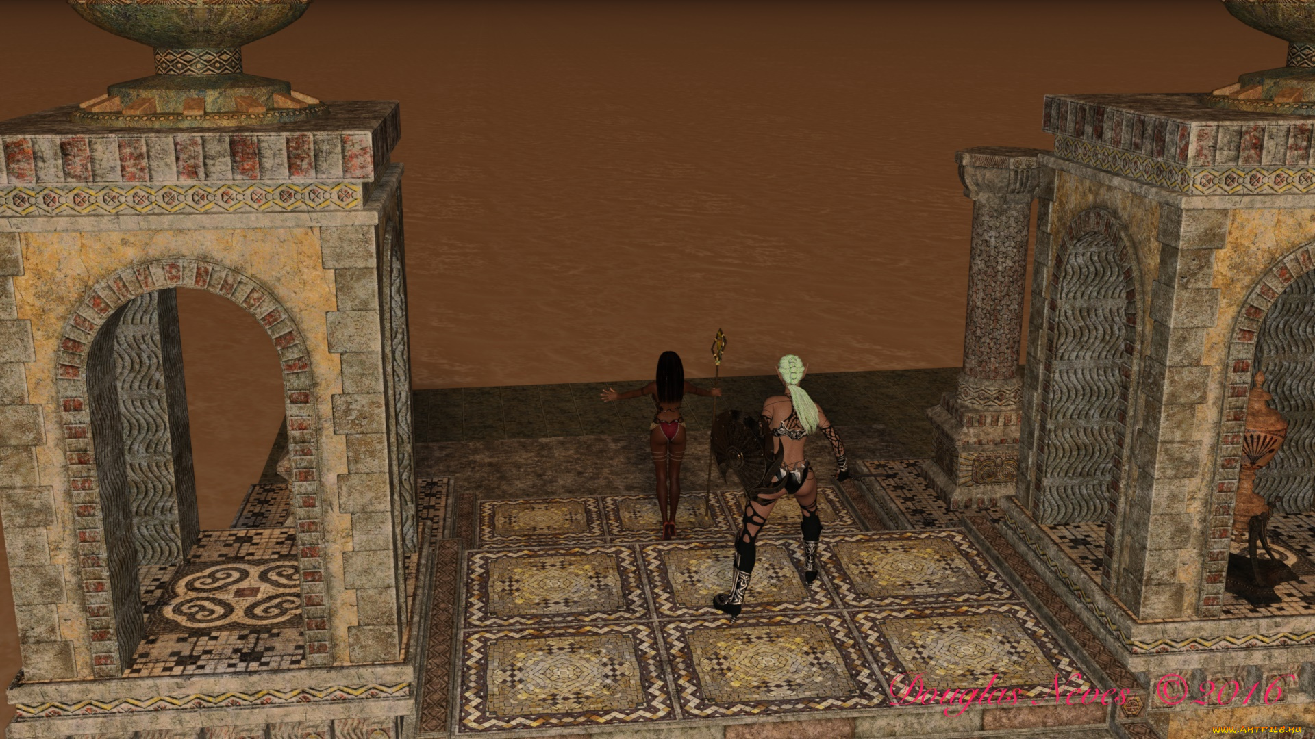 3д, графика, эльфы, , elves, замок, фон, взгляд, эльфийки