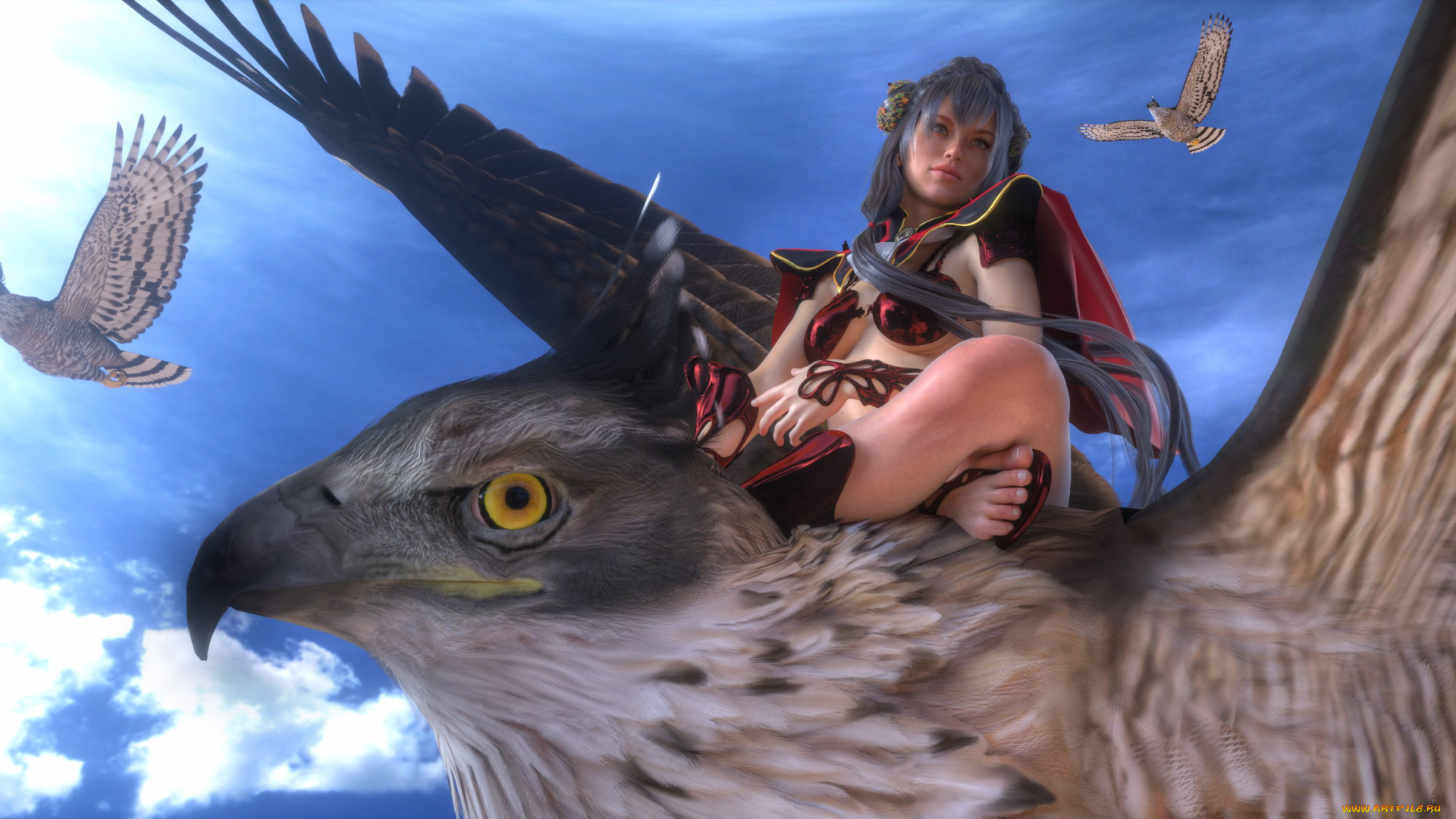 3д, графика, фантазия, , fantasy, птицы, девушка, взгляд, фон