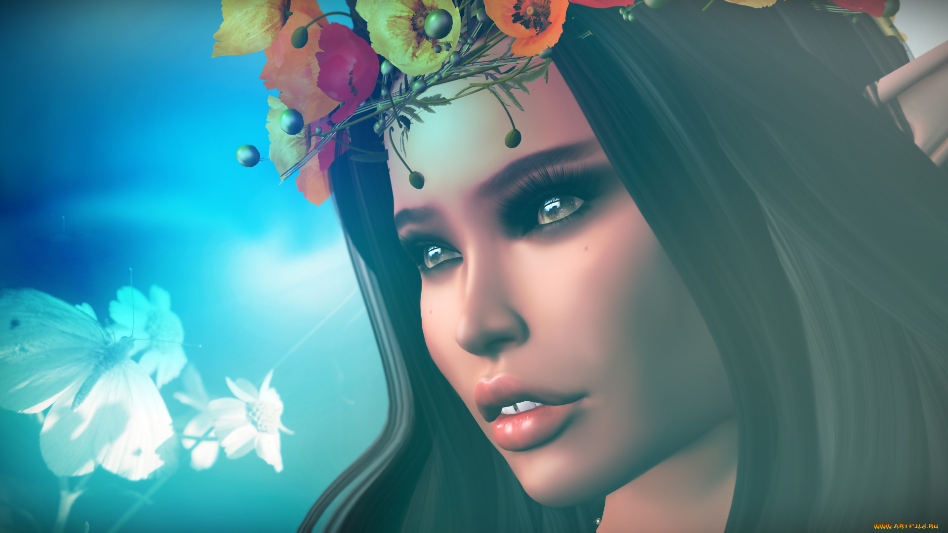 3д, графика, портрет, , portraits, фон, волосы, цветы, глаза, профиль, лицо, девушка
