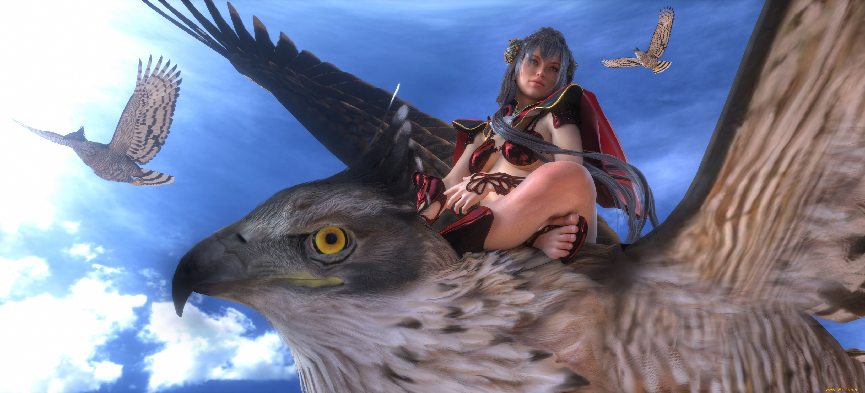 3д, графика, фантазия, , fantasy, птицы, девушка, взгляд, фон