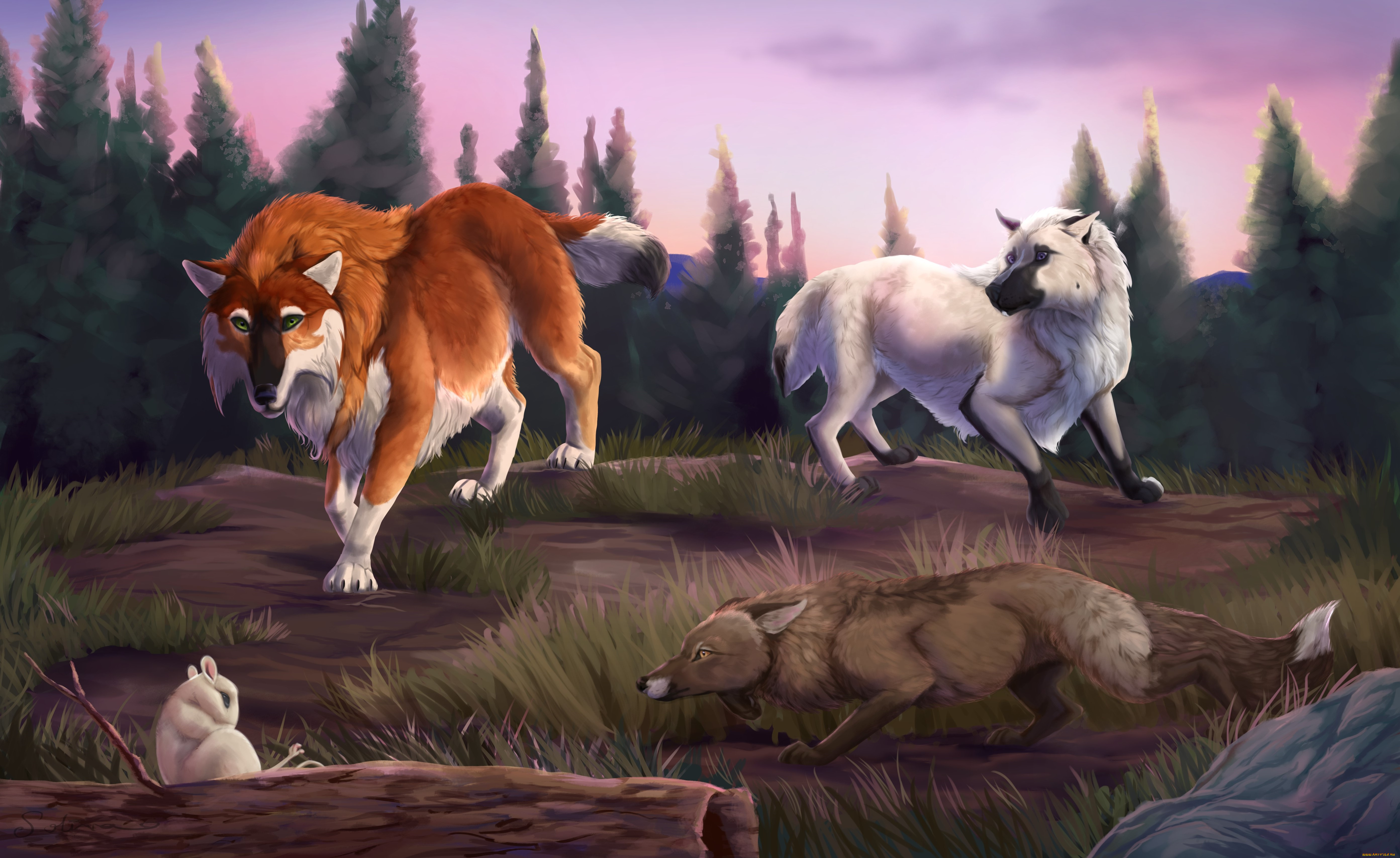 рисованное, животные, волки, лиса