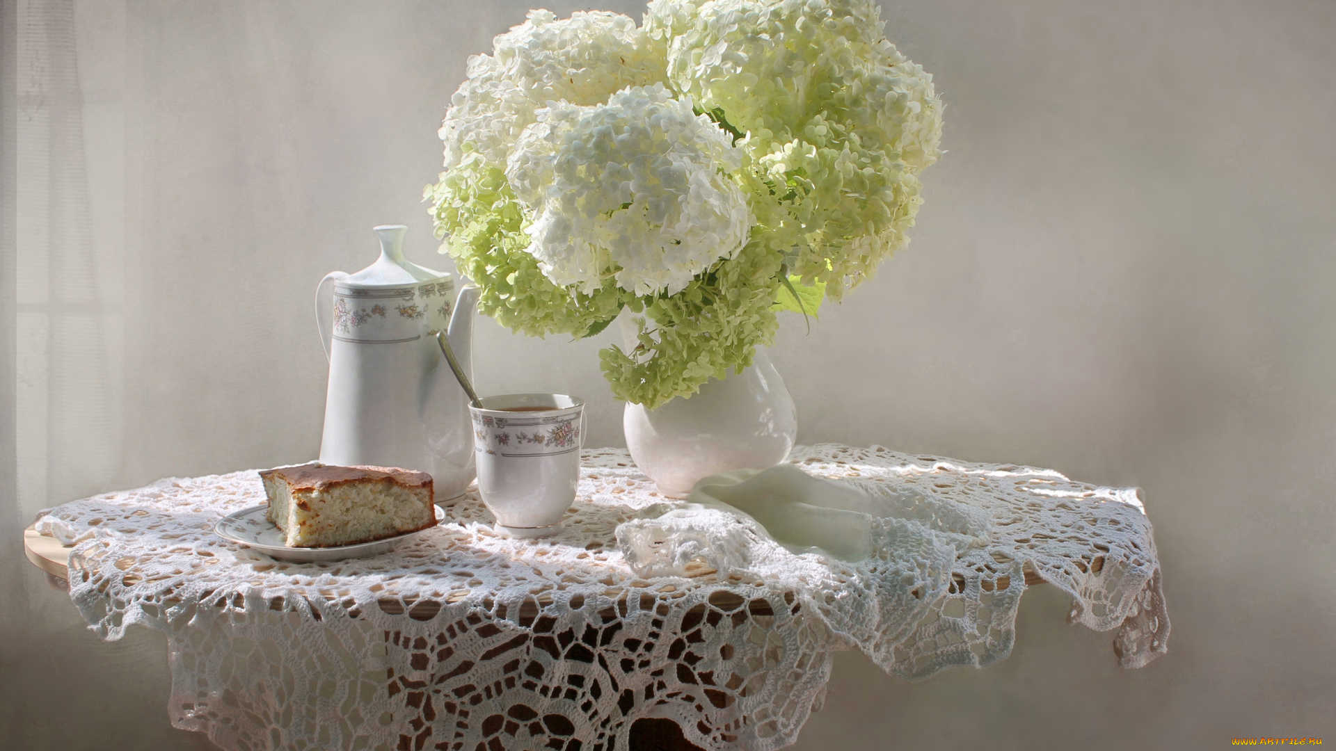 еда, хлеб, , выпечка, фарфор, гортензия, лето, натюрморт, выпечка