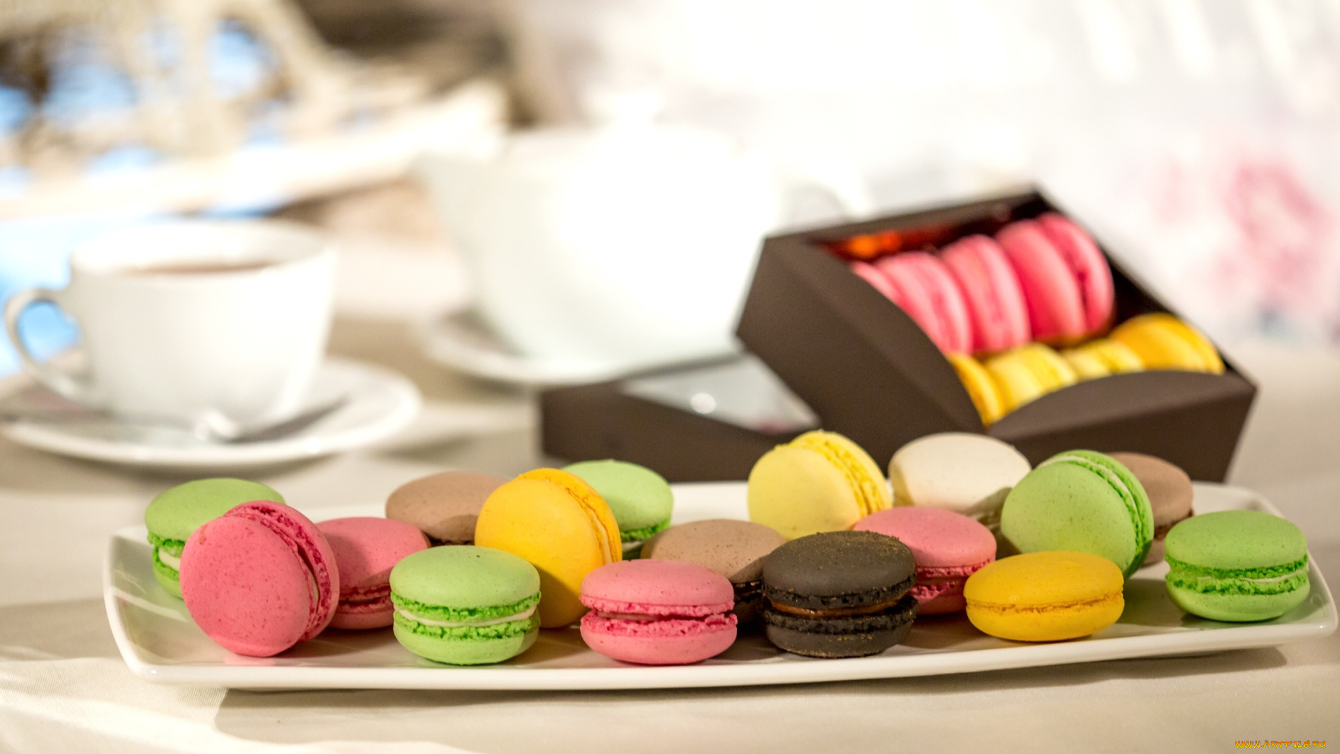 еда, макаронные, блюда, коробка, миндальное, пирожное, макаруны, чай