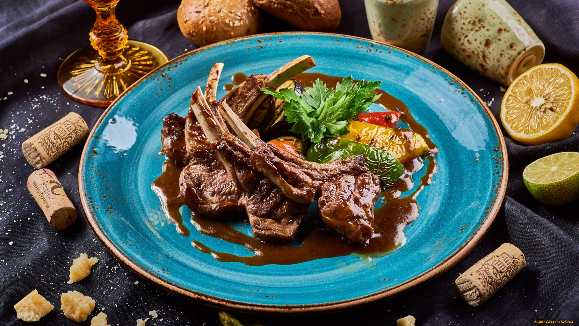 еда, мясные, блюда, лимон, каре, ягненка, соус, овощи, мясо