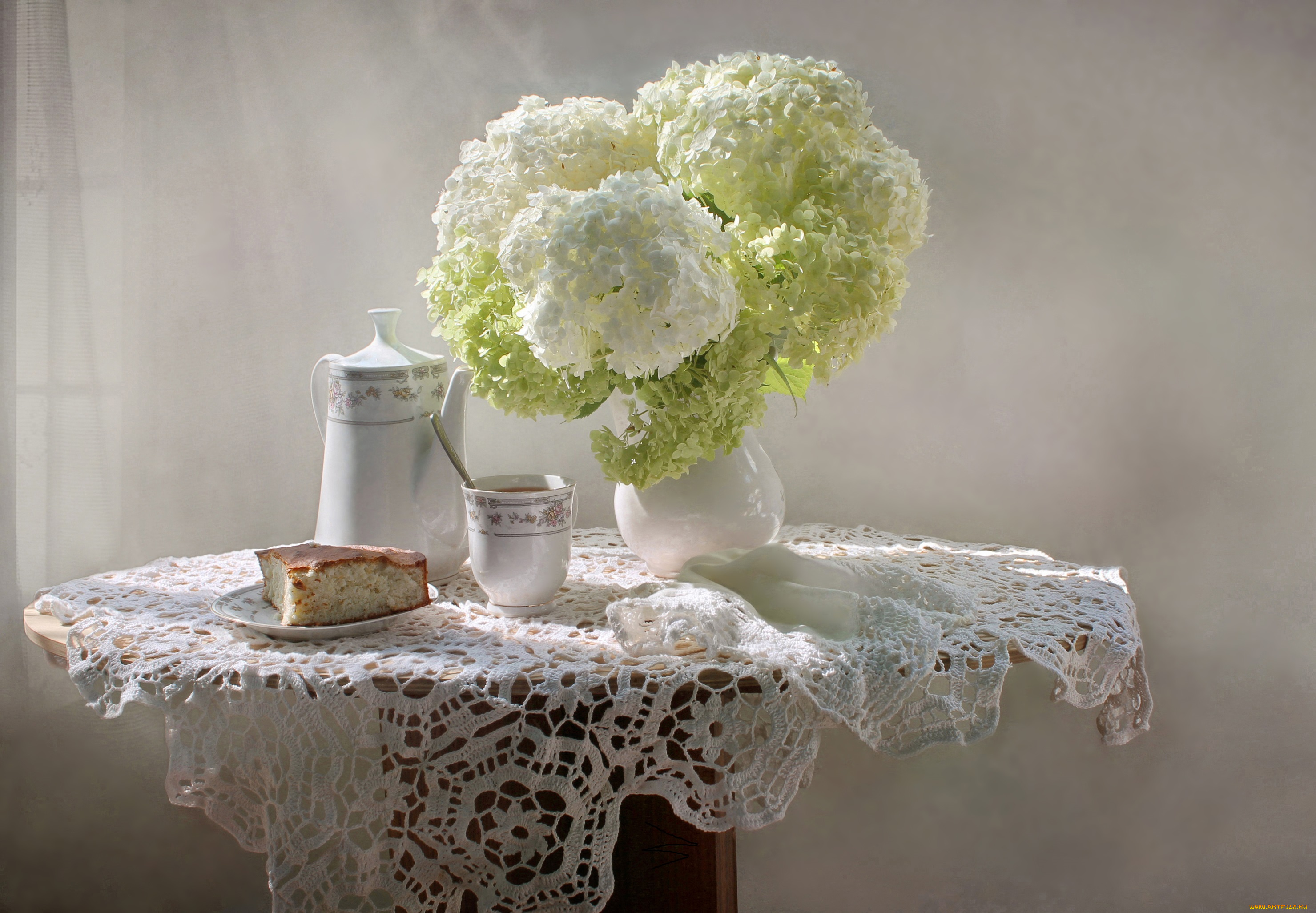 еда, хлеб, , выпечка, фарфор, гортензия, лето, натюрморт, выпечка