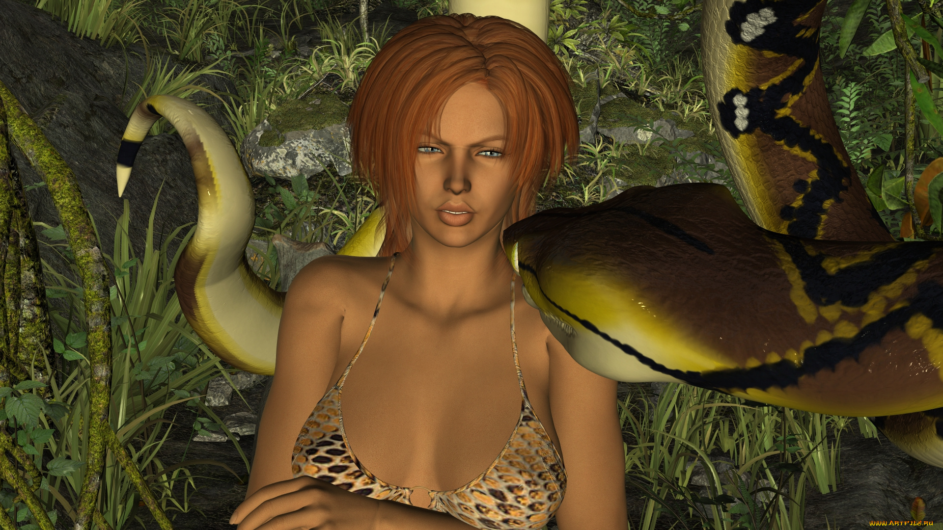 3д, графика, фантазия, , fantasy, девушка, фон, взгляд, змея