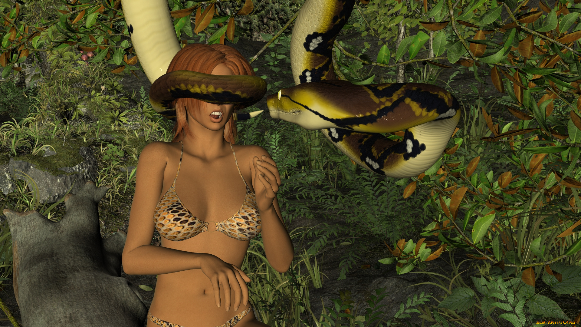 3д, графика, фантазия, , fantasy, змея, фон, девушка, взгляд