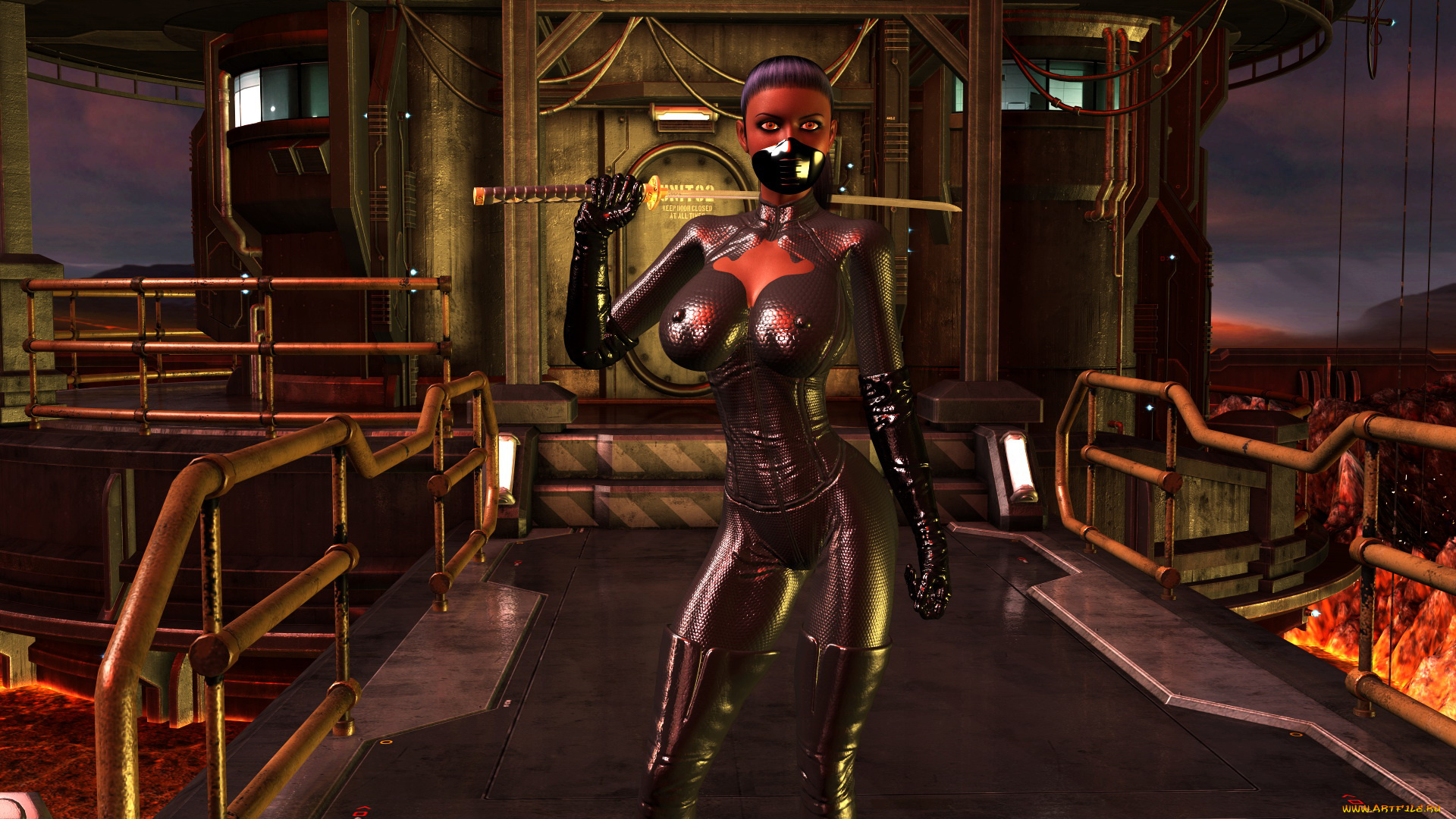 3д, графика, фантазия, , fantasy, девушка, фон, взгляд, униформа, катана