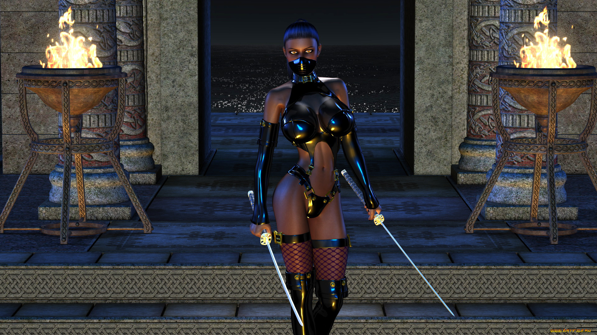 3д, графика, фантазия, , fantasy, девушка, фон, взгляд, униформа, катана, чулки, латекс