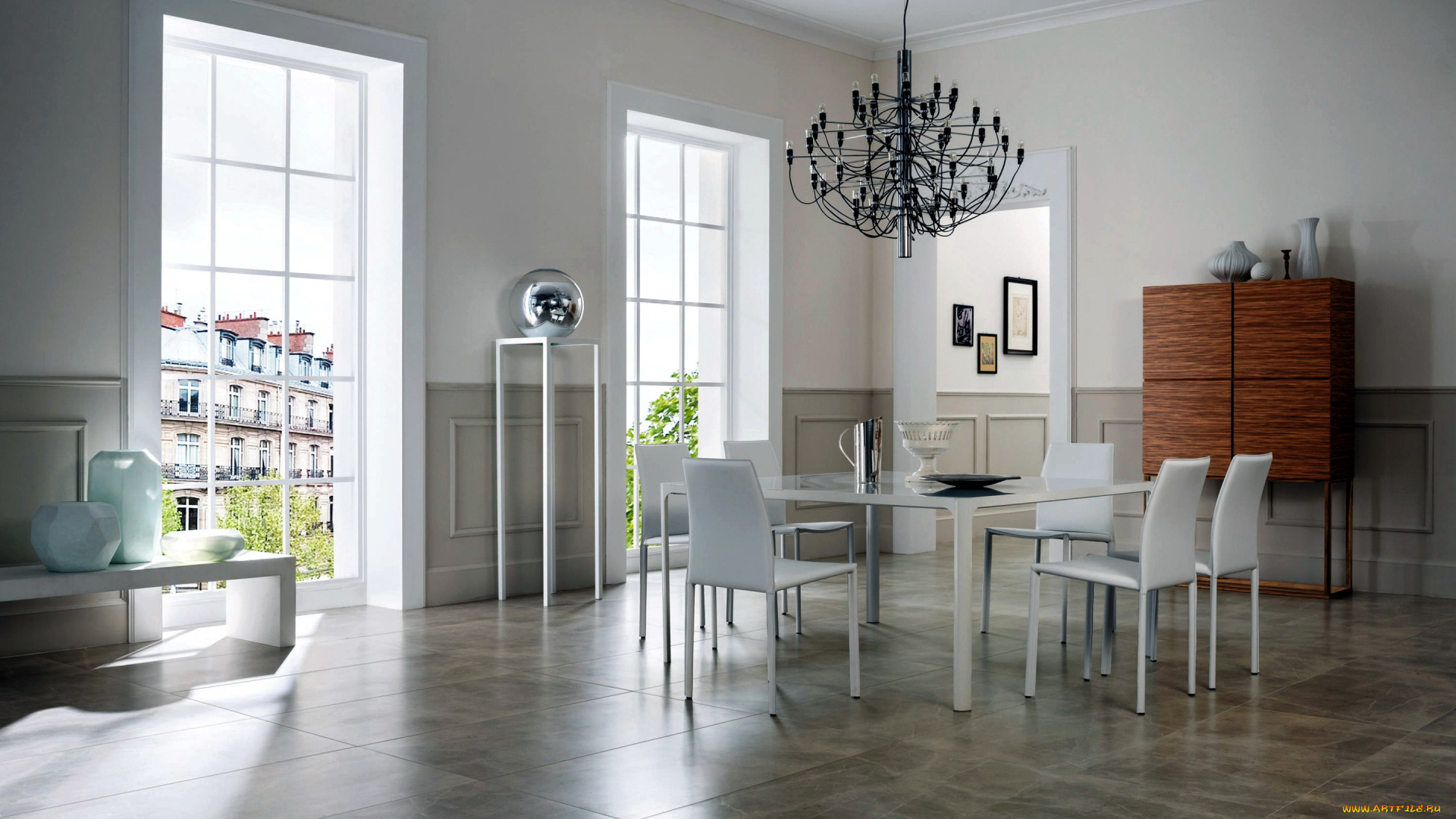 интерьер, столовая, люстра, стол, стулья