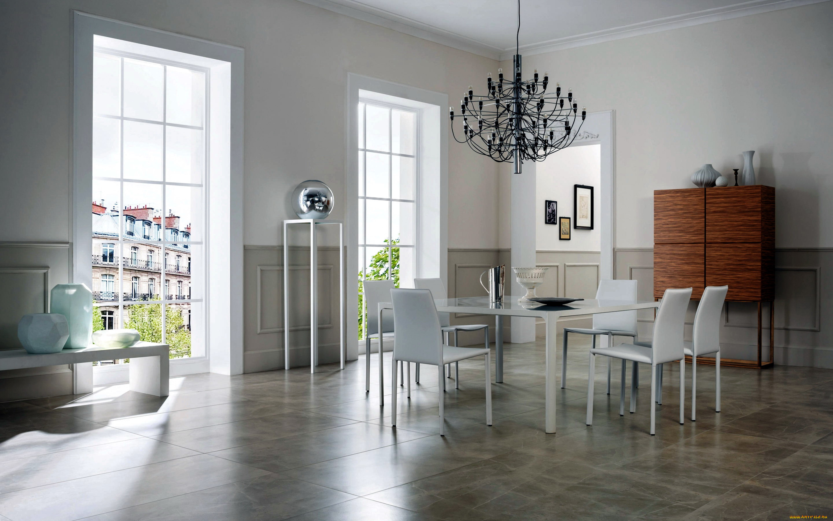 интерьер, столовая, люстра, стол, стулья