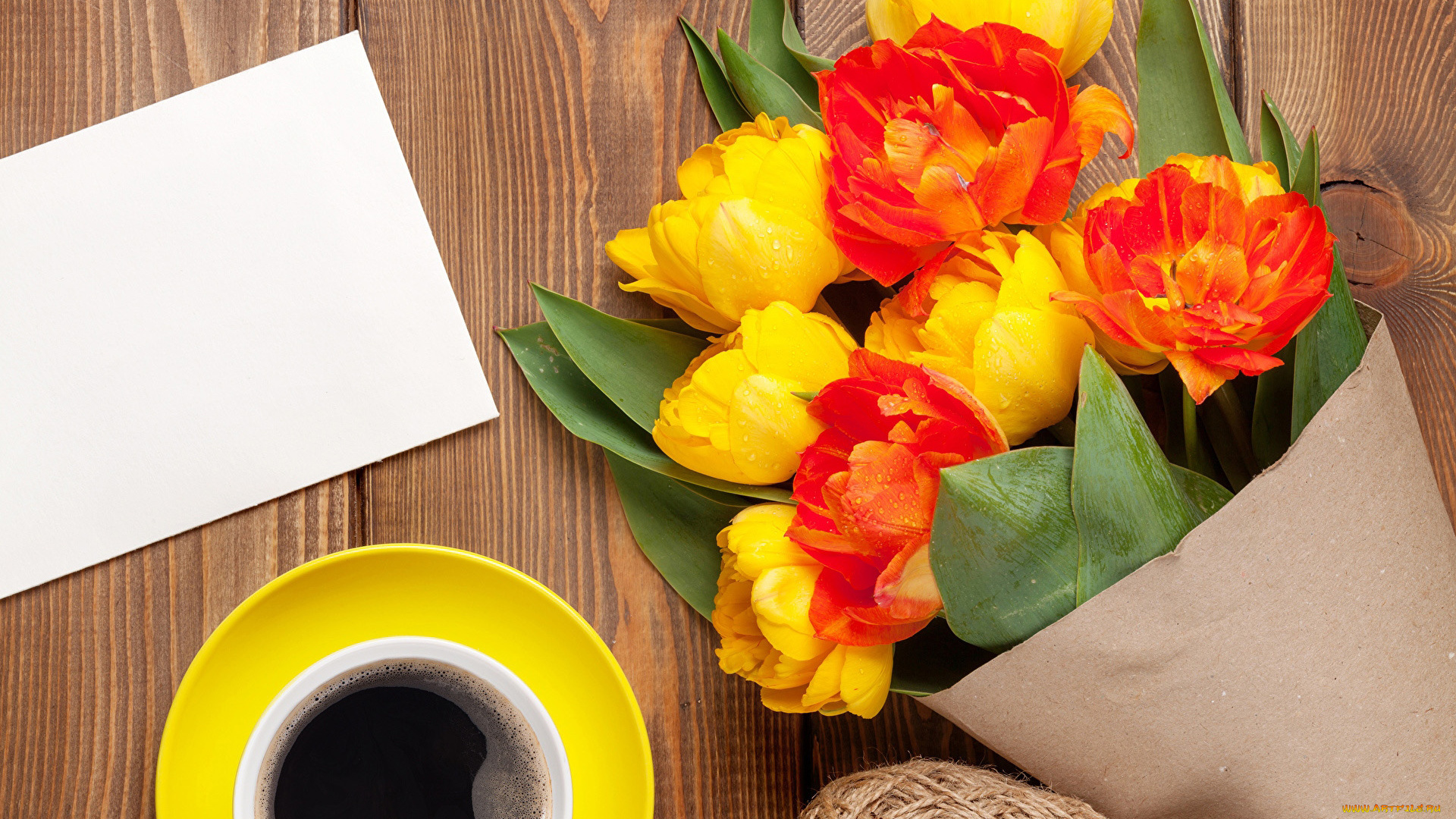 цветы, тюльпаны, записка, кофе, букет