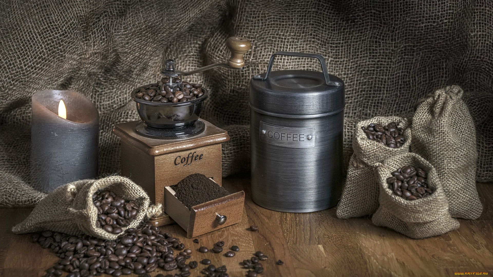 еда, кофе, , кофейные, зёрна, свеча, зерна, кофемолка