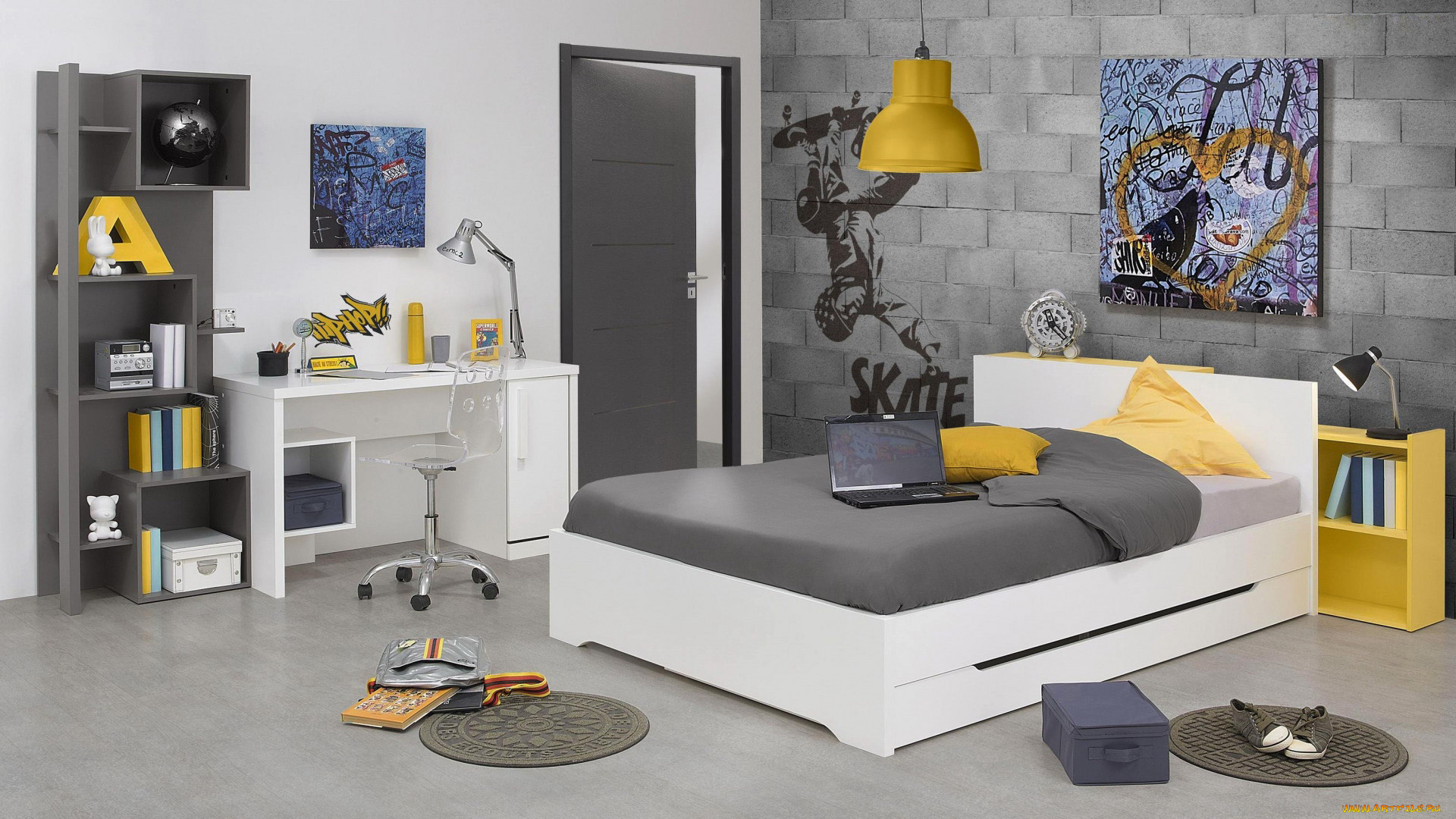 интерьер, детская, комната, кровать, картины, письменный, стол