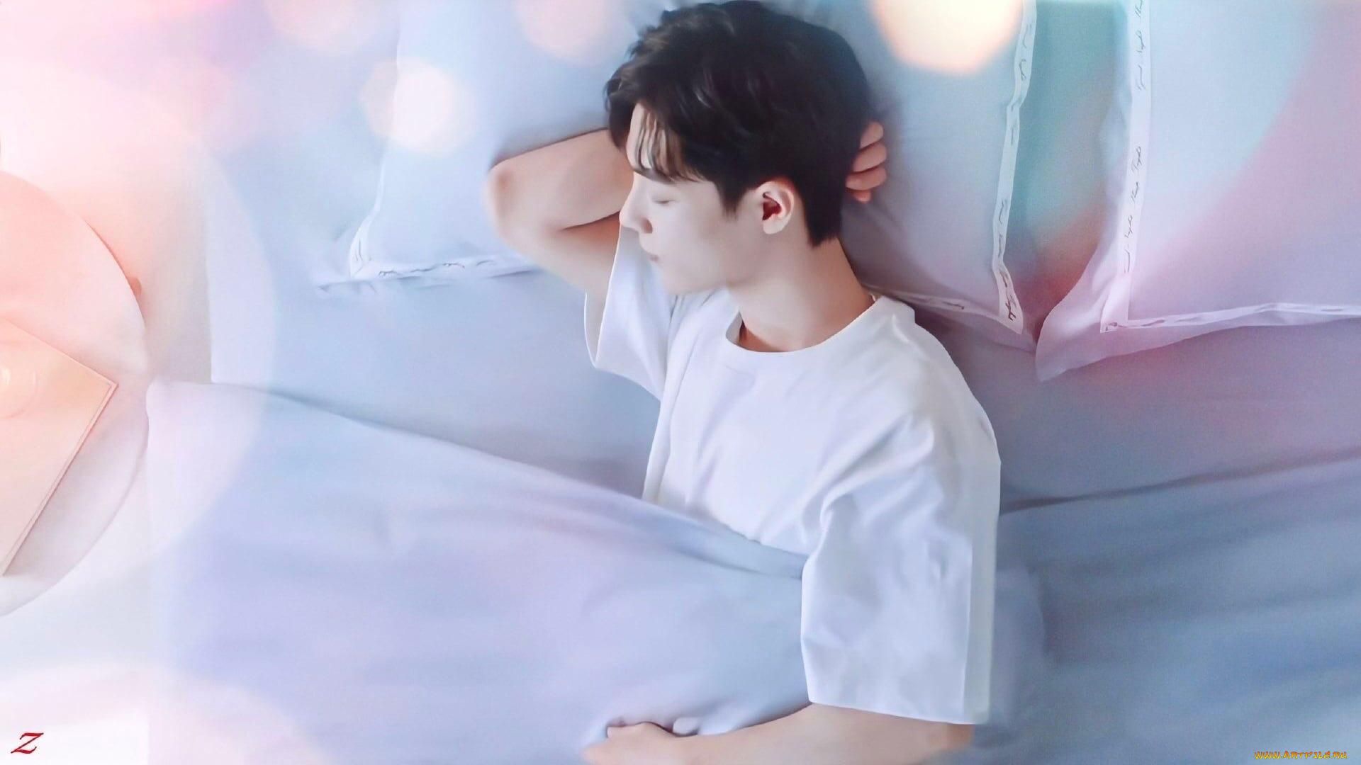 мужчины, xiao, zhan, актер, футболка, постель