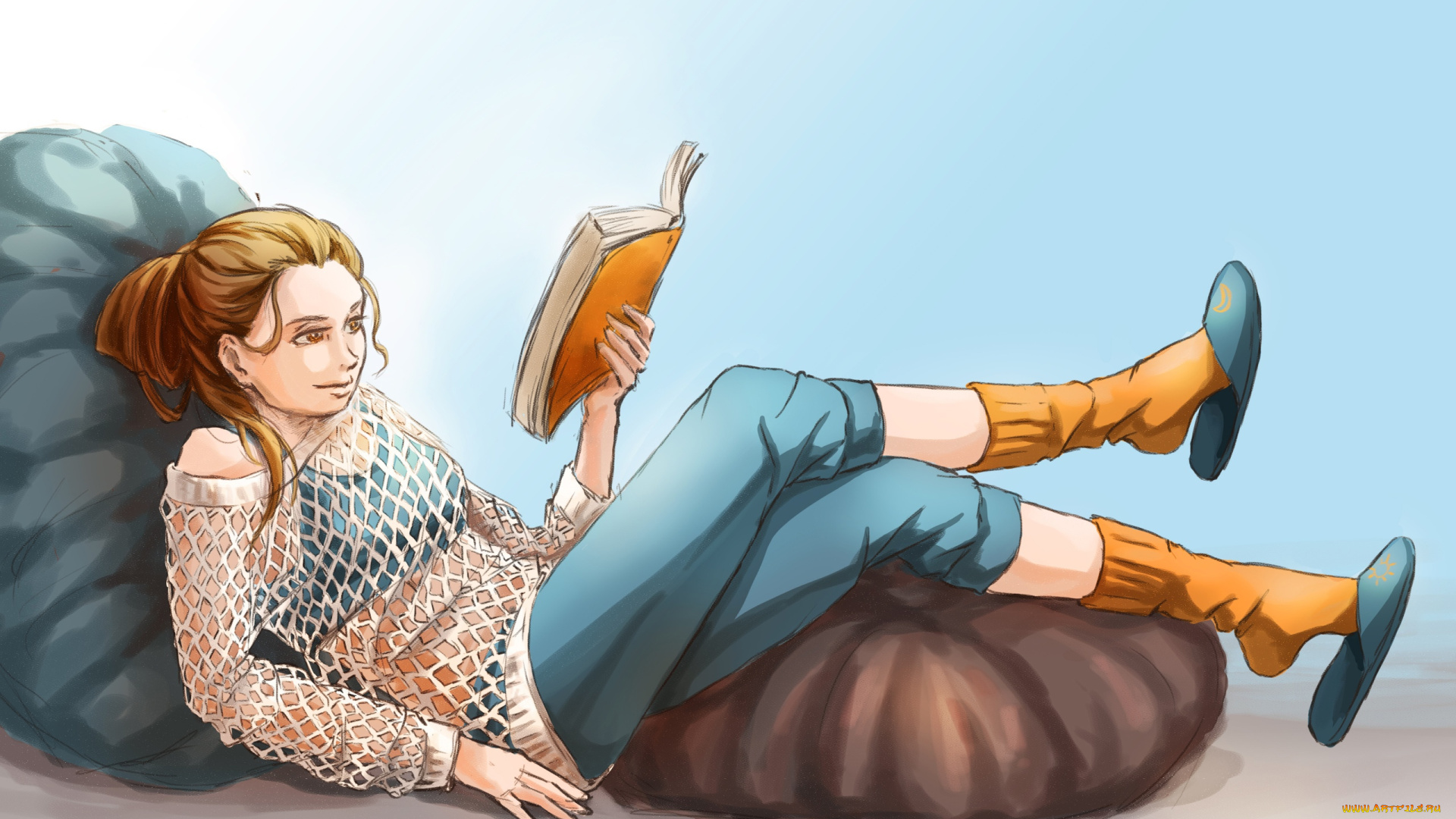 рисованное, люди, девушка, подушки, книга