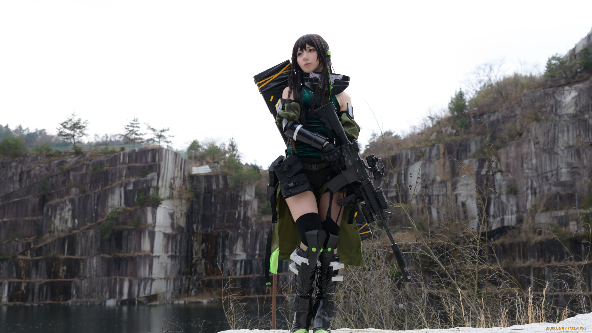 девушки, -, креатив, , косплей, костюм, скалы, озеро, оружие