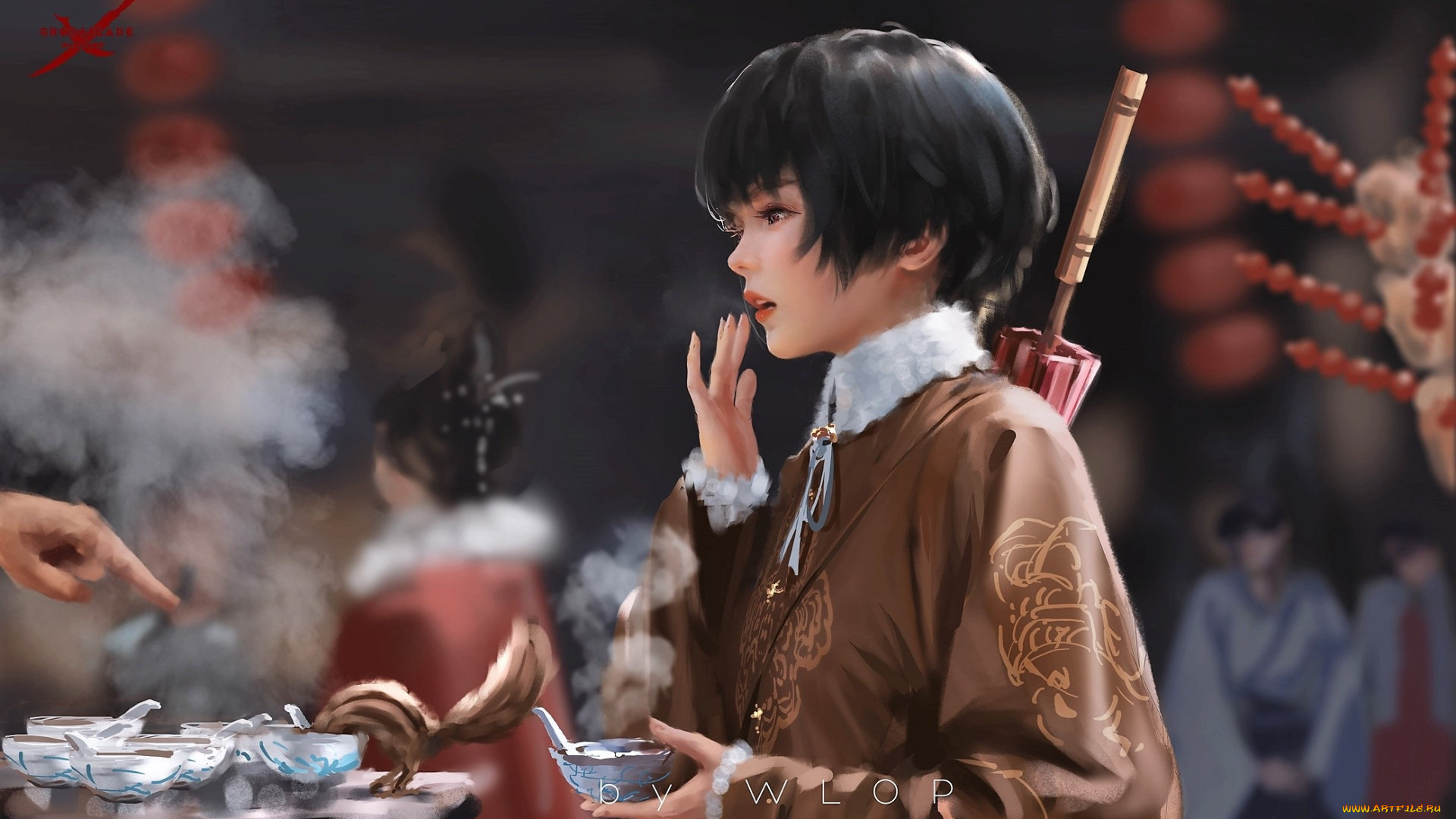 фэнтези, _ghost, blade, , , призрачный, клинок, девушка, зонт, чашки, зверек