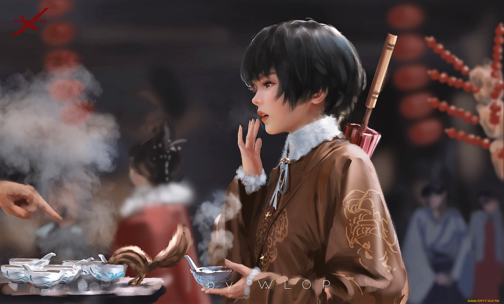 фэнтези, _ghost, blade, , , призрачный, клинок, девушка, зонт, чашки, зверек