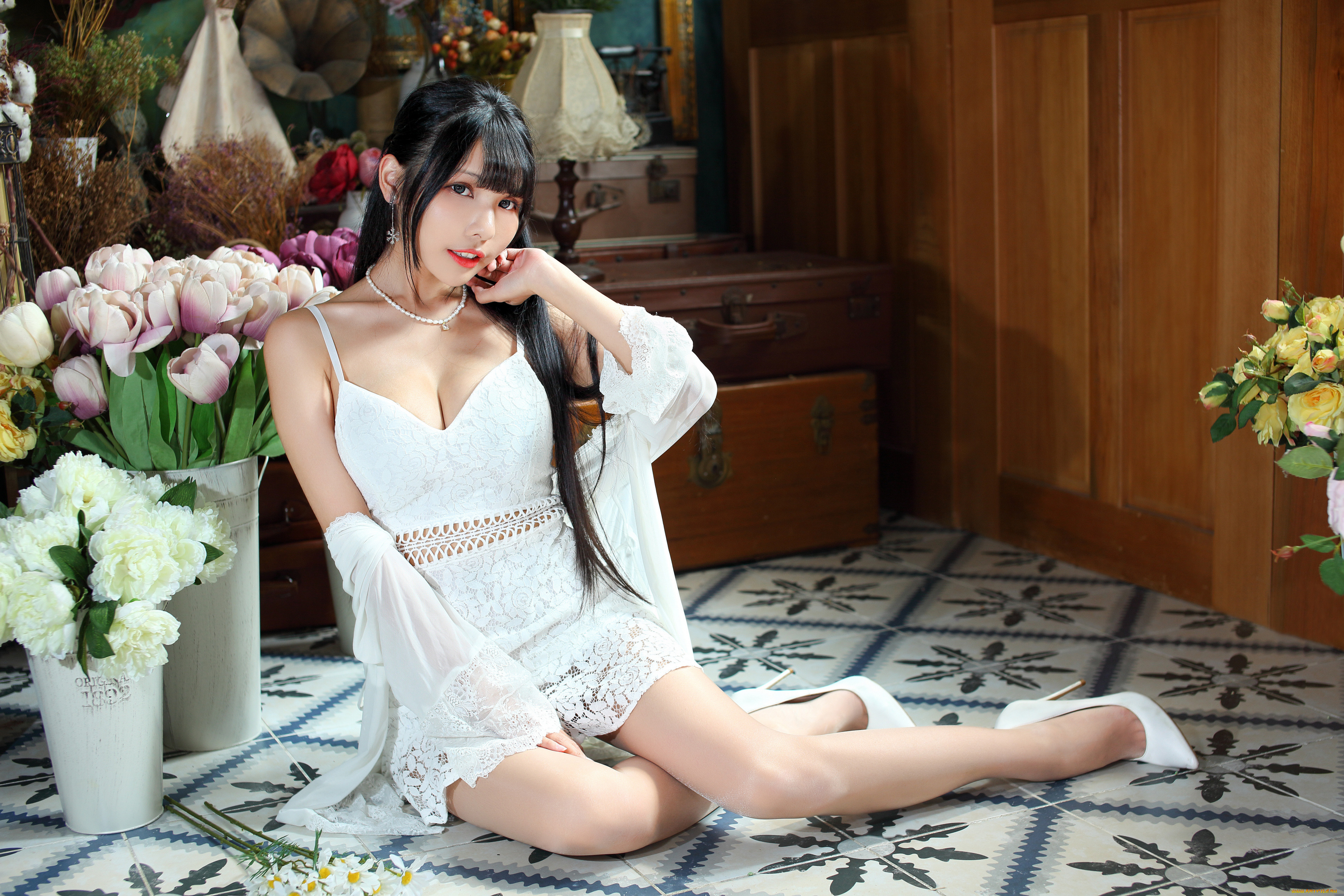 девушки, -, азиатки, наряд, каблуки, цветы, пол