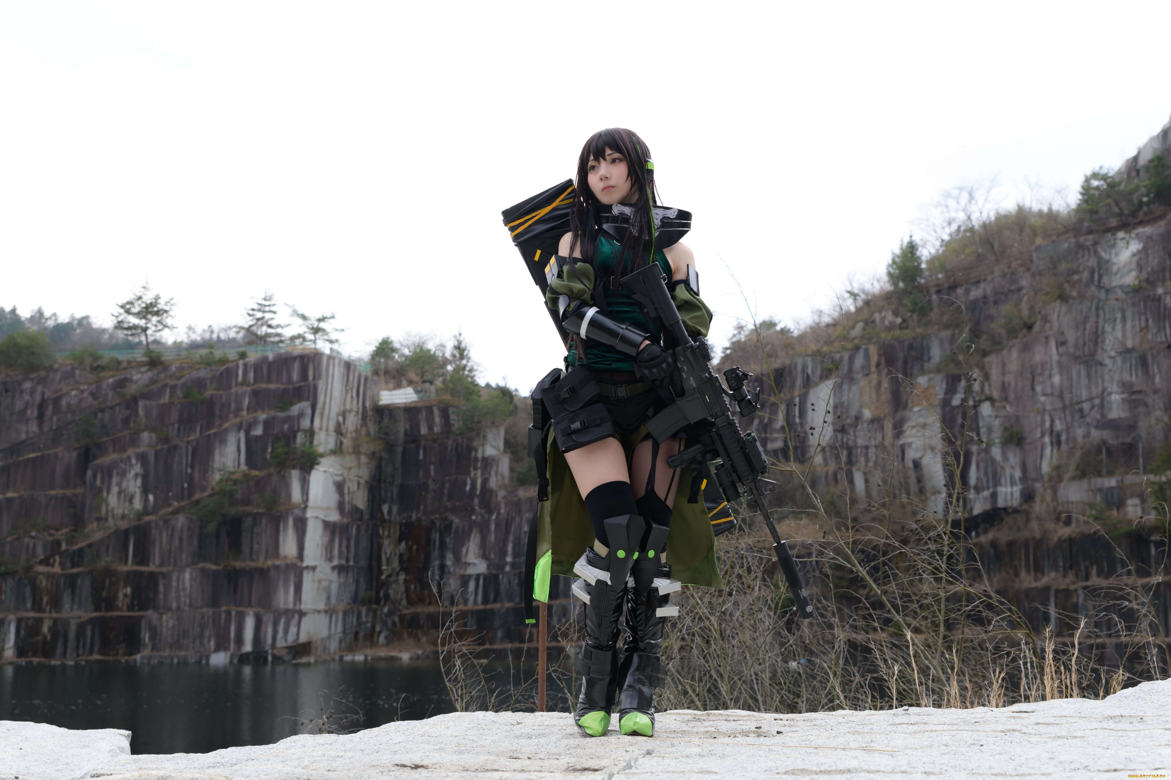 девушки, -, креатив, , косплей, костюм, скалы, озеро, оружие