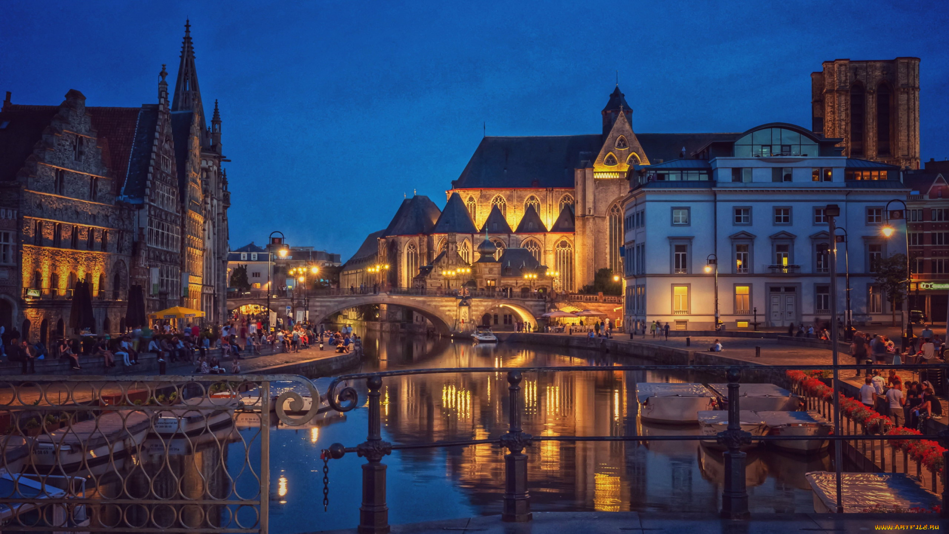 города, гент, , бельгия, вечер, огни, мосты, канал