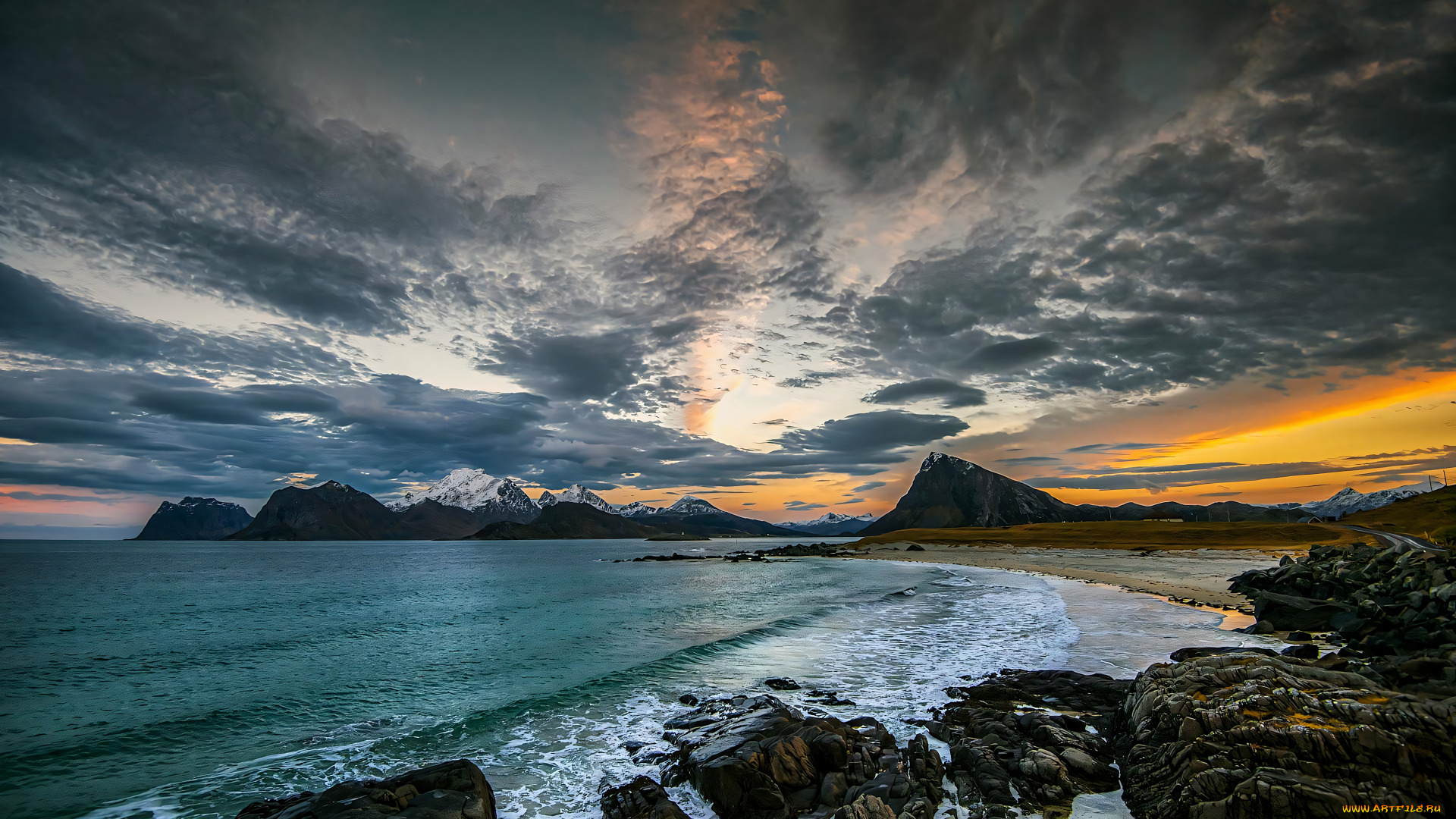 разное, компьютерный, дизайн, облака, небо, оранжевый, берег, море, скалы, горы, волны, пляж, пейзаж